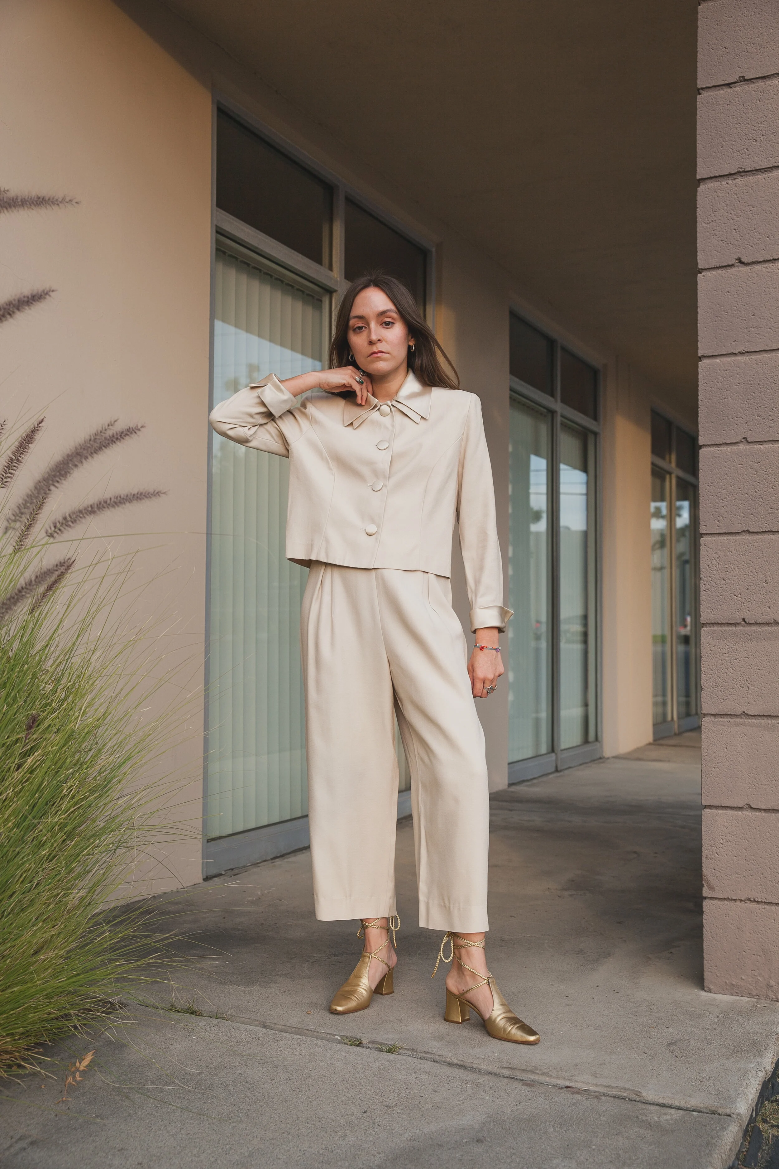 90s Cream Cropped Jacket and Pant Suit with Double Collar