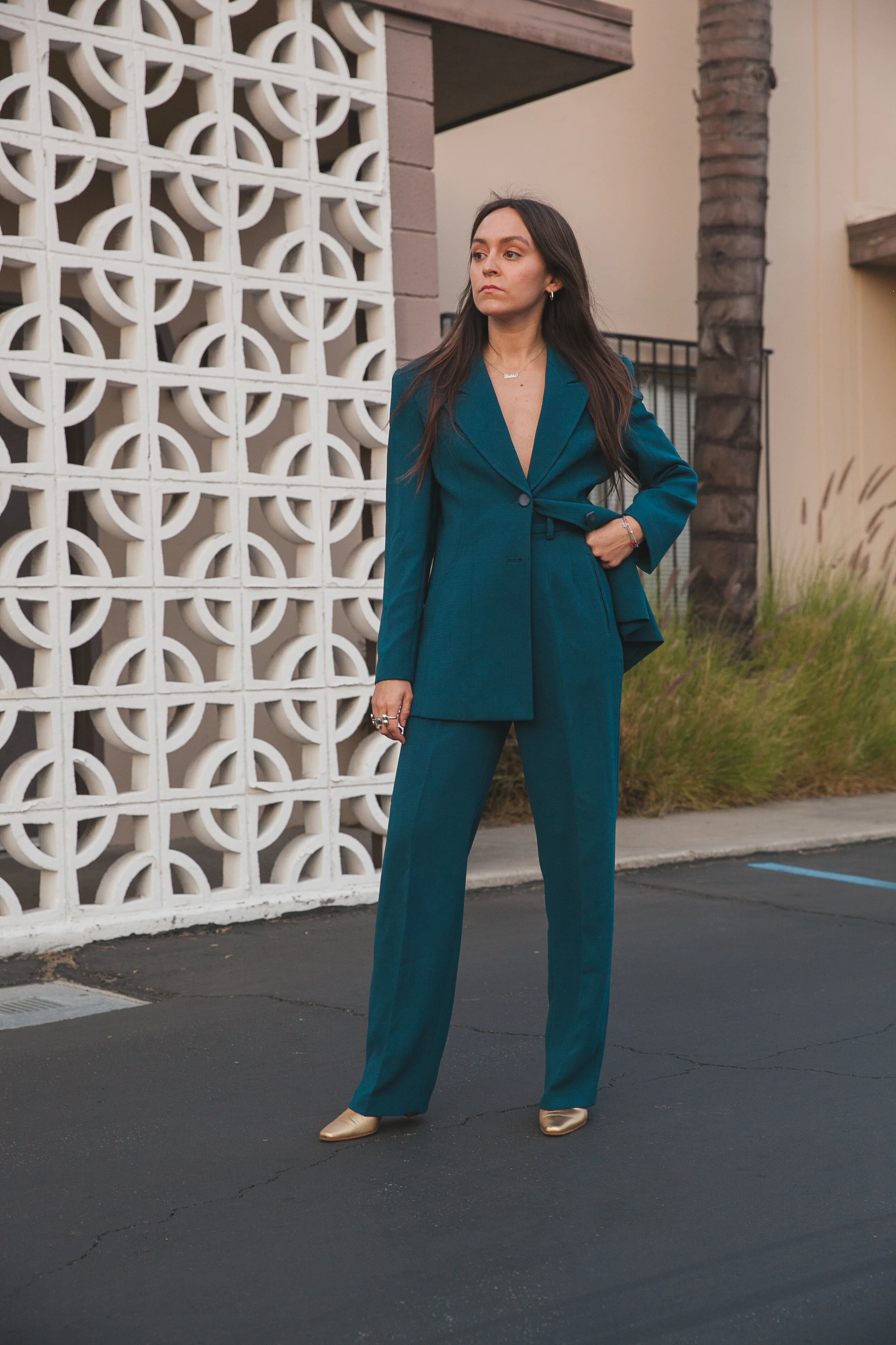 90s Does 70s Dark Teal Peak Lapel Suit 