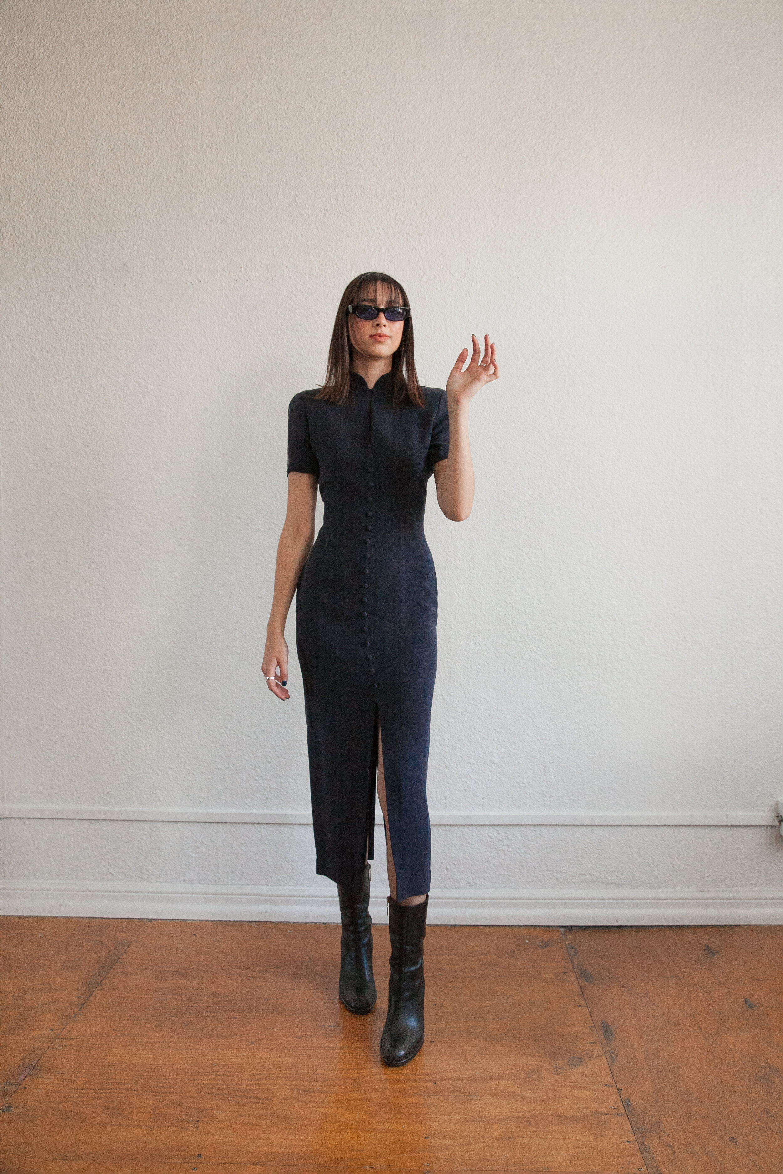 90s Navy Silk High Neck and Cut Out Button Front Dress