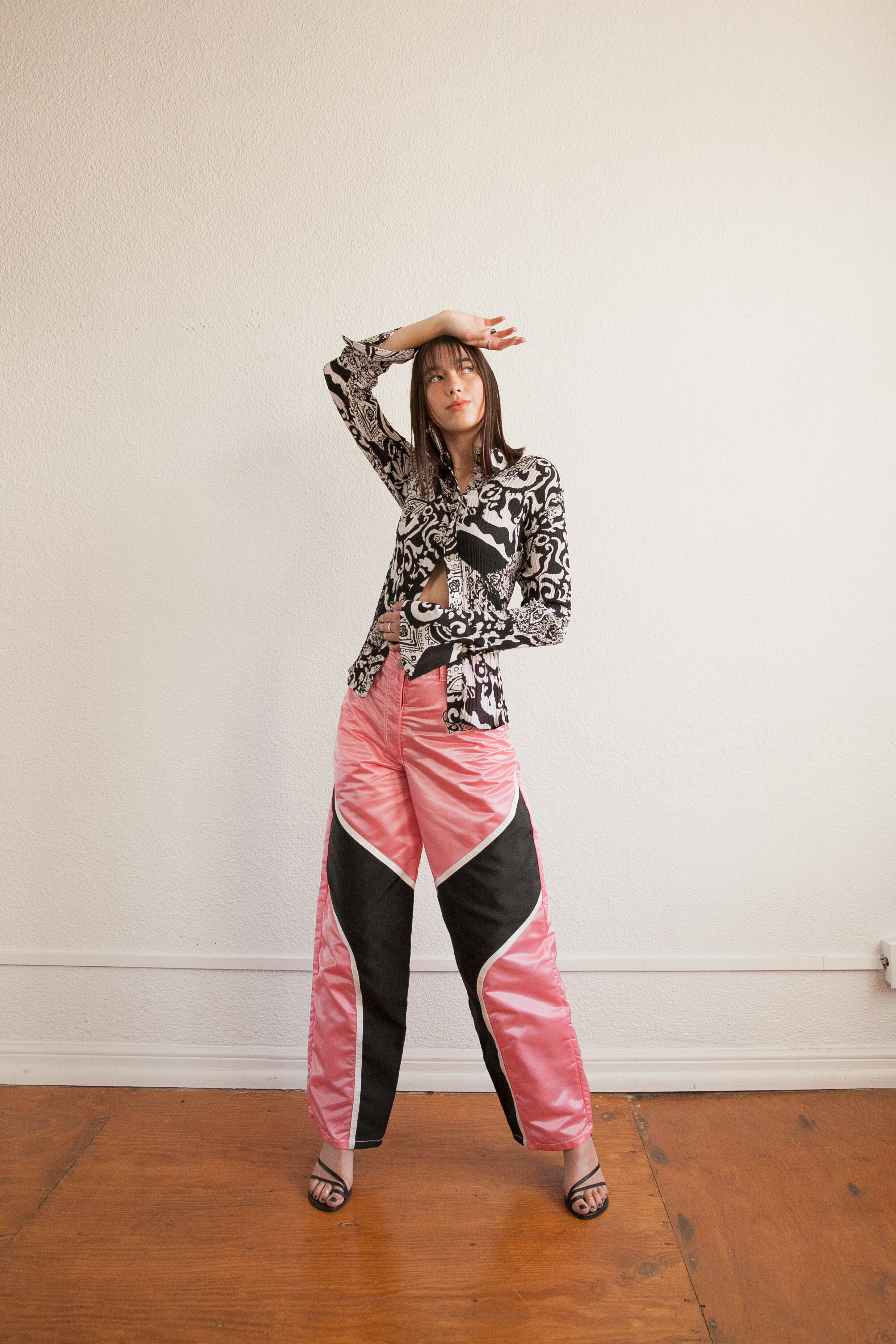 Y2K Pleated Black and White Printed Top