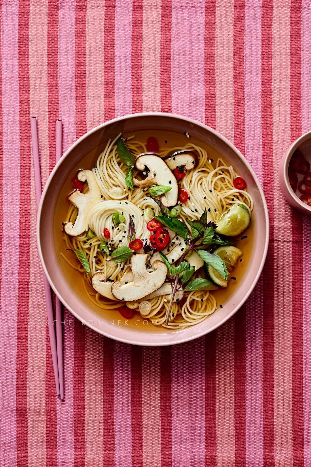  Noodle soup on a striped pink fabric. 