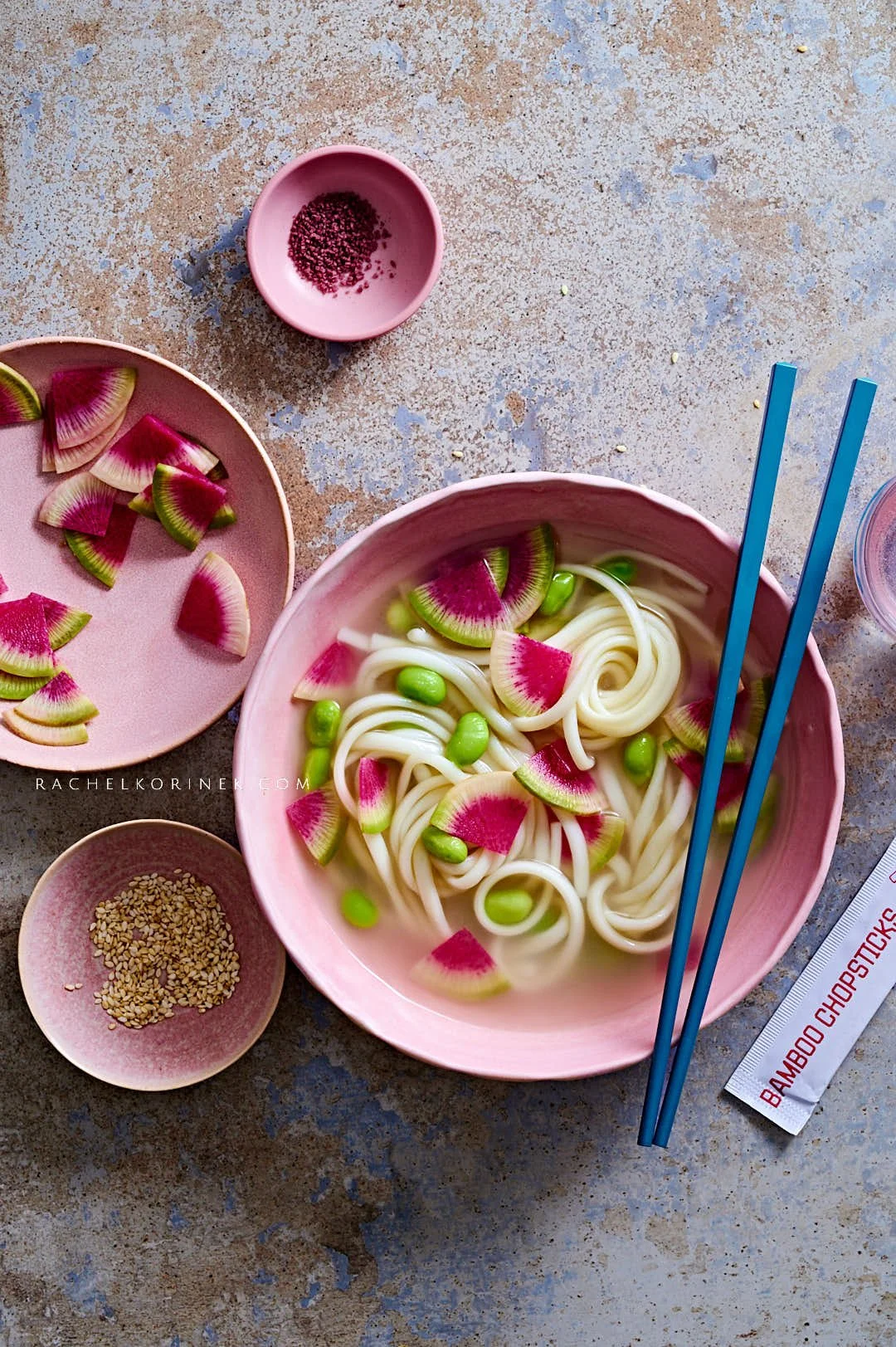  Spring noodle soup wth edamame, radishes and pink salt by food photographer Rachel Korinek, Toronto. 