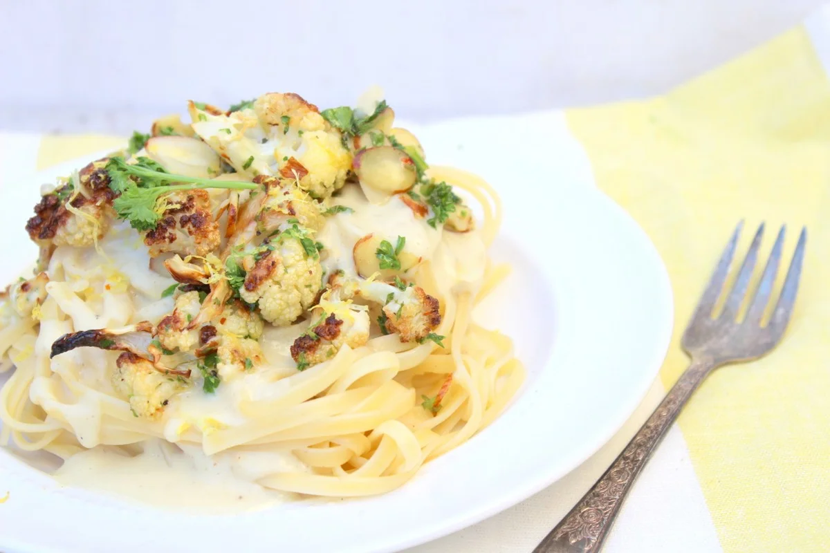 Vegan Alfredo pasta (w/ roasted cauliflowers + lemon, parsley, almonds )