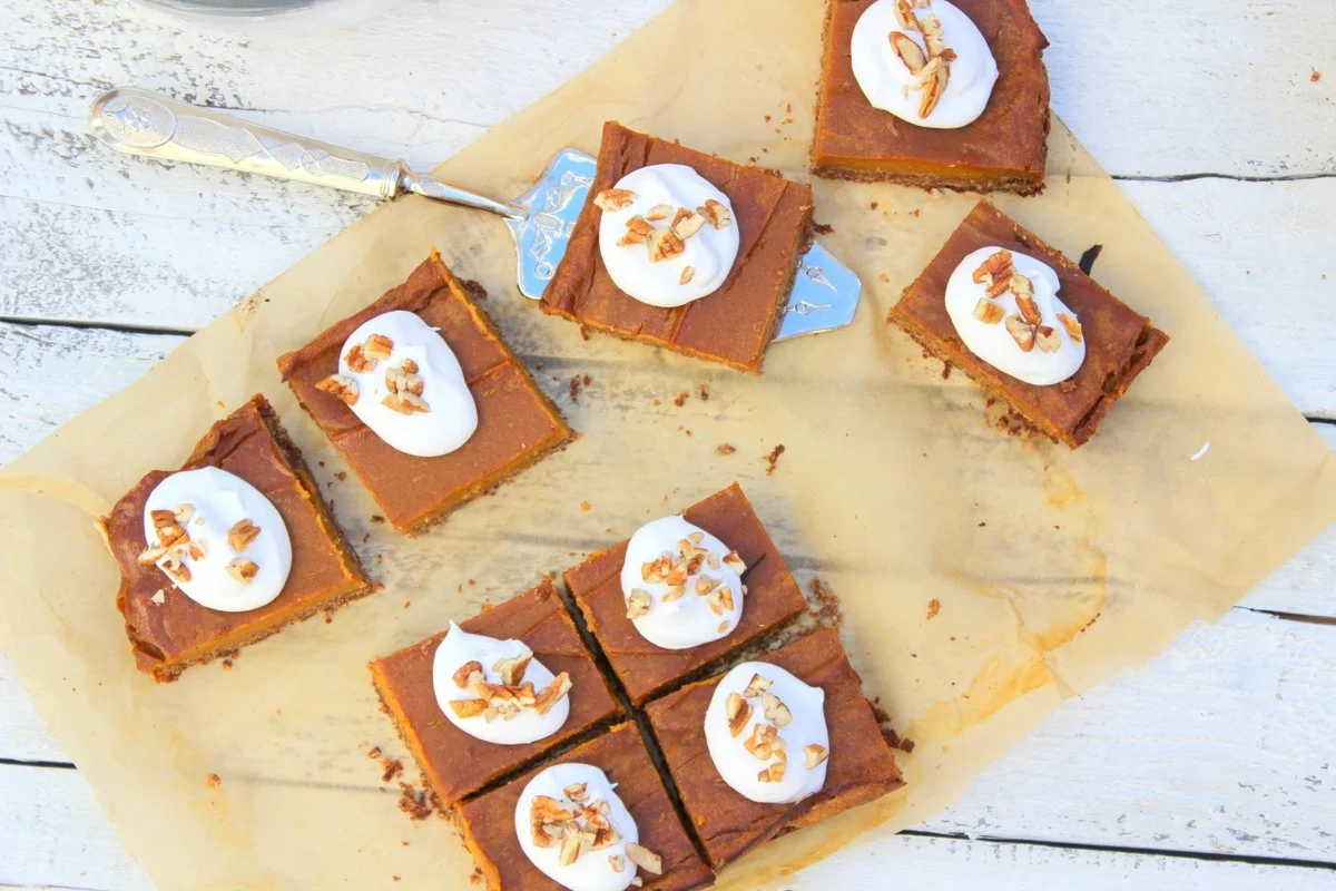 Gooey sugar-free pumpkin pie squares (+ homemade pumpkin puree & coconut whipped cream tutorials)