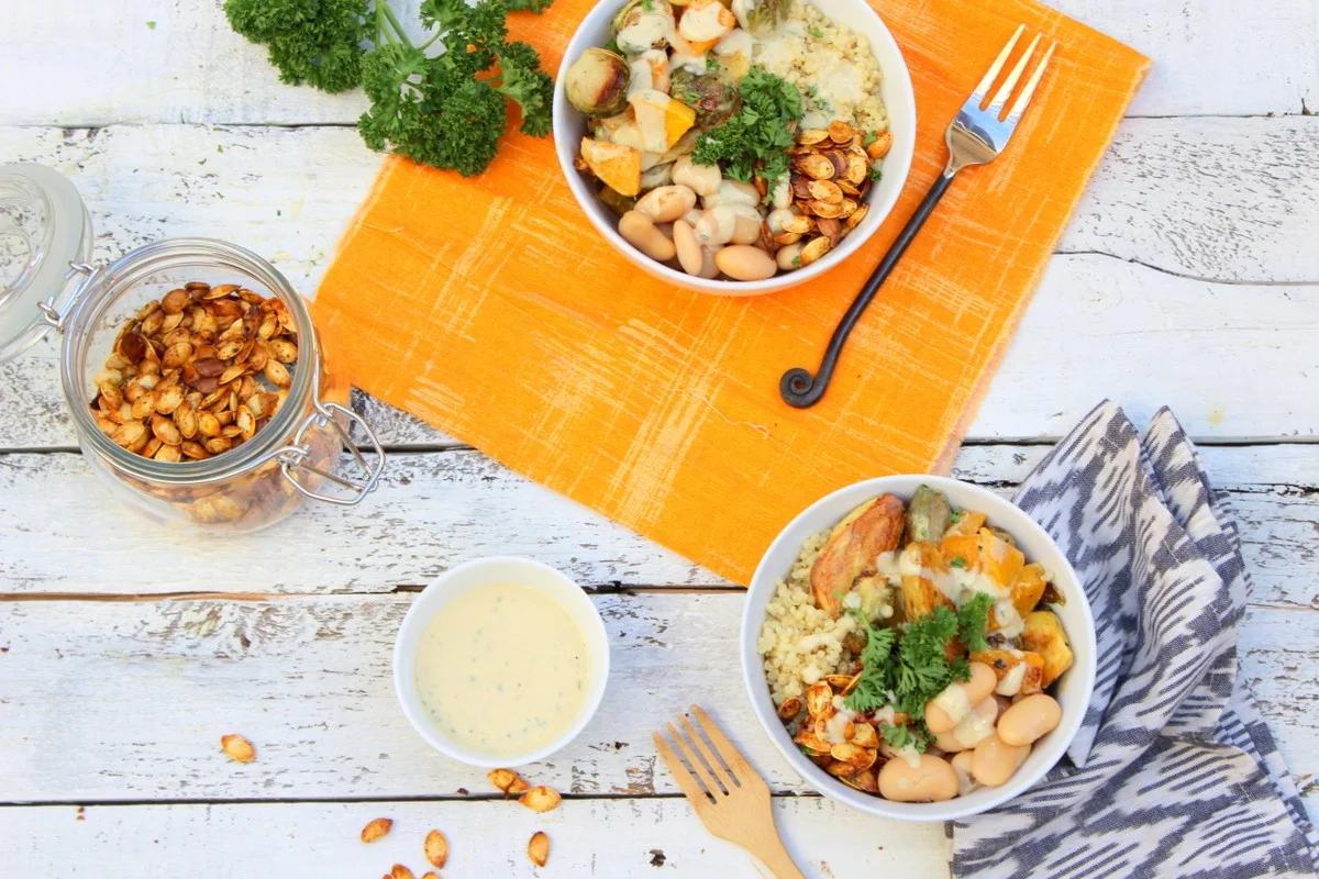 The Autumn Harvest Bowl - oven roasted fingerling potatoes, brussel sprouts &amp; squash (w&#x2F; spicy pepitas + lemon tahini dressing) 