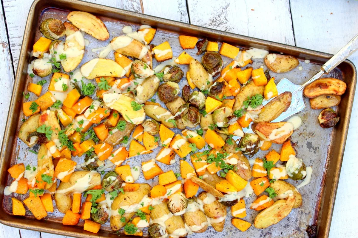 ROASTED BUTTERNUT, FINGERLING POTATOES, BRUSSELS SPROUTS w/ lemon tahini dressing
