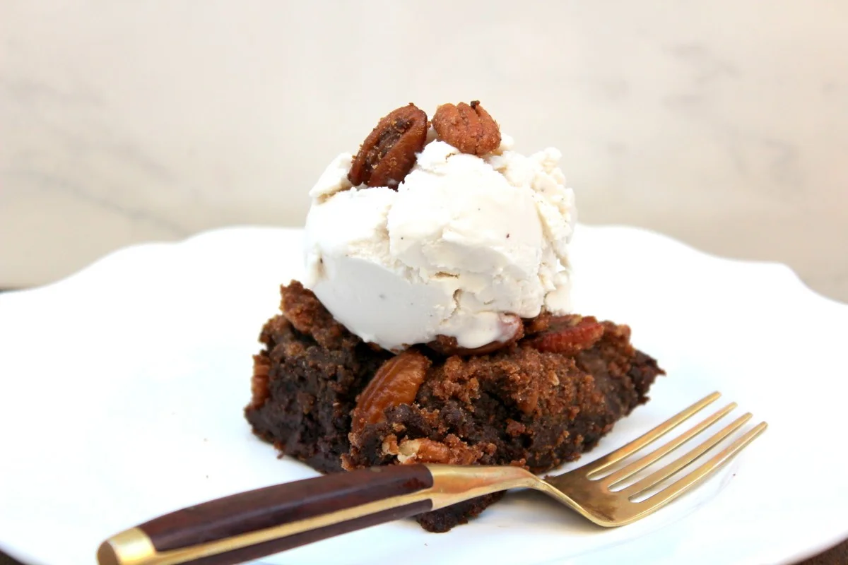 Pumpkin double chocolate brownie topped with candied pecans (gluten-free, vegan)