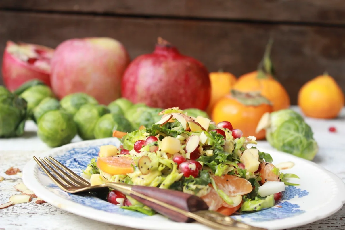 Shaved Brussel sprouts & winter fruit salad (w/orange, poppy seeds & tahini dressing) 