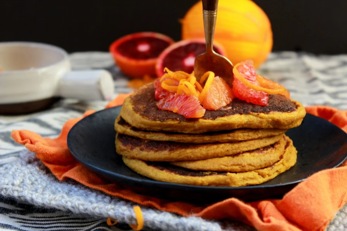 ZEN Turmeric pancakes w/blood orange syrup (Gluten-free, dairy-free, egg-free)