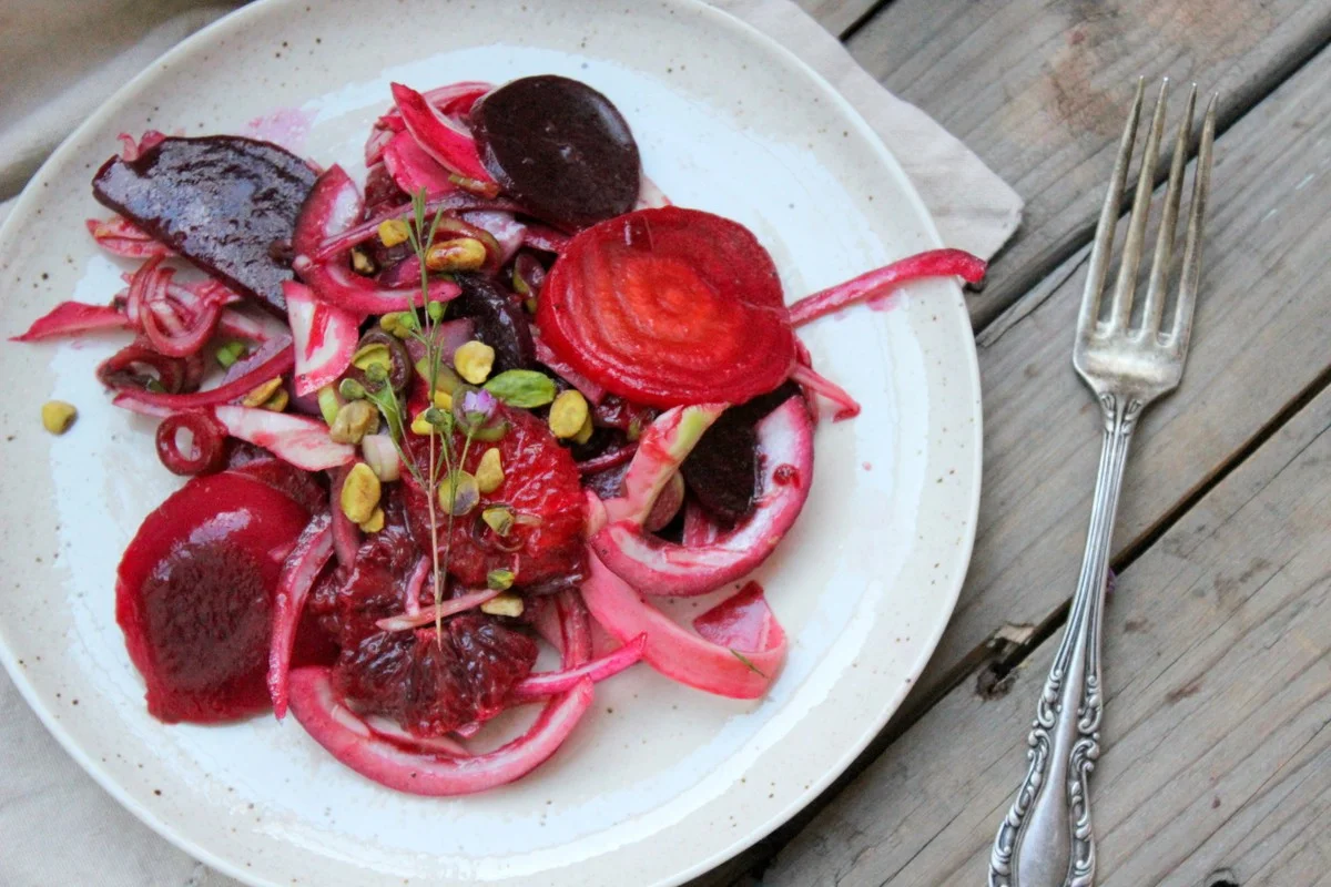 Fennel, blood orange, beet, mint and pistachio salad 