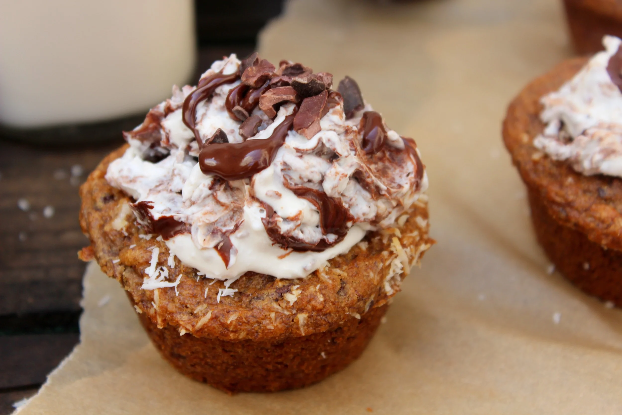 Banana & chocolate spelt muffins w/whipped coconut cream & chocolate