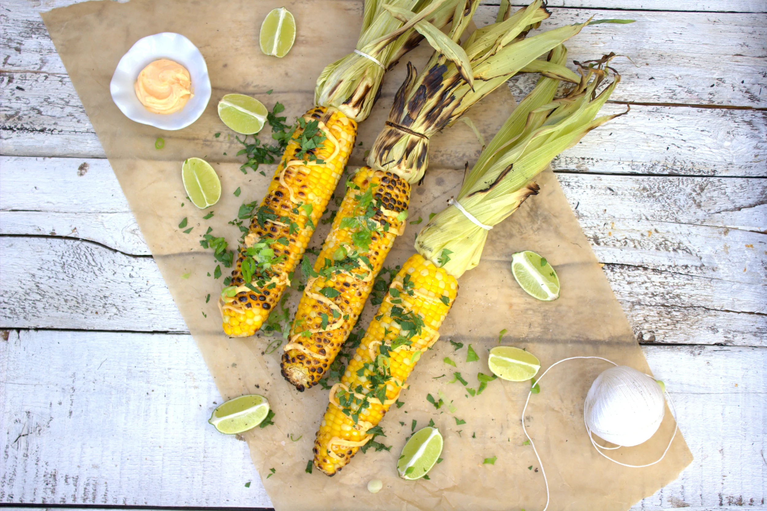 Grilled corn on the cob w/cilantro, lime and Sriracha mayo 