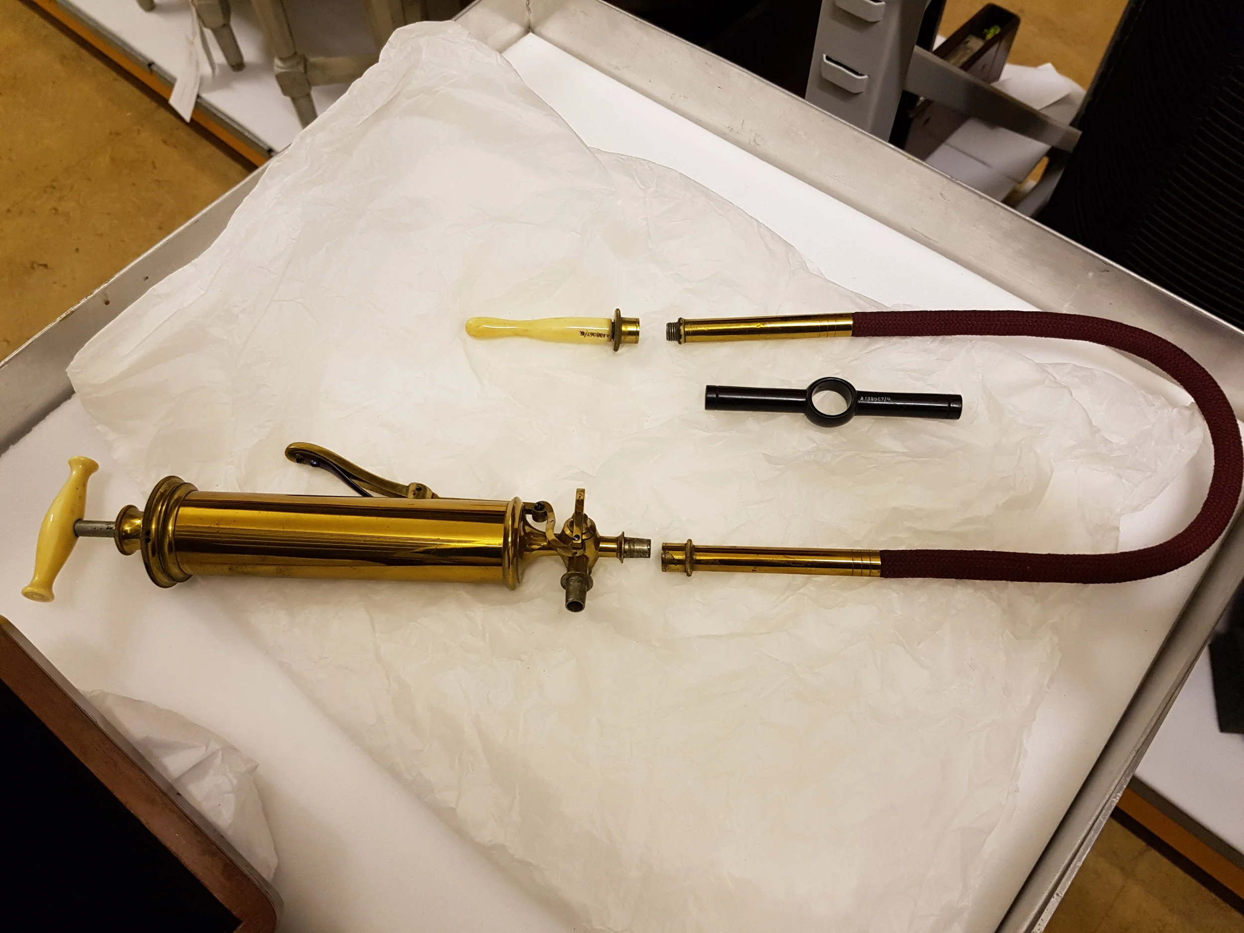Stomach pump and mouth gag similar to those used by Virginia Woolf’s doctors after a veronal overdose in 1913. (Object number A138067, unknown date, © Science Museum, photograph by Harriet Barratt)