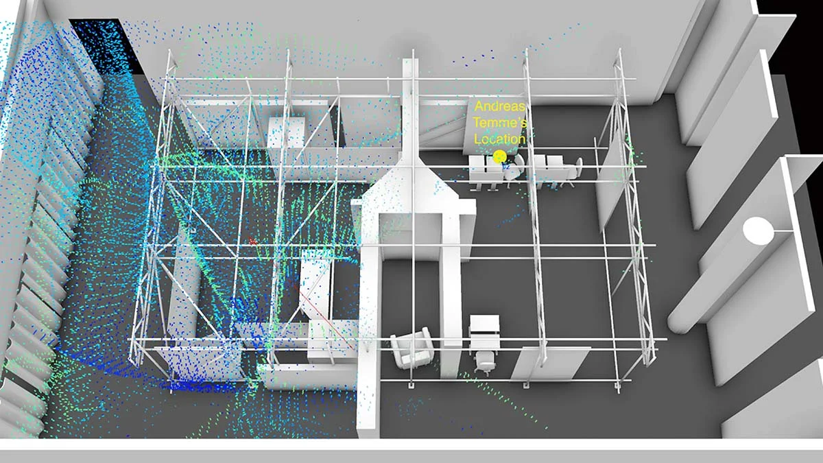 Model of acoustic dynamics. Within the digital model of our physical reconstruction of the internet café, we modelled the acoustic dynamics of the gunshots that killed Halit Yozgat. © FORENSIC ARCHITECTURE, 2019