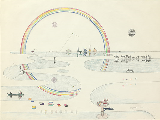 Saul Steinberg, Rainbow Reflected , 1974. Ink, crayon, colored pencil, graphite, and rubber stamps on paper, 29 3/8 x 39 1/2 in. The Saul Steinberg Foundation, New York. © The Saul Steinberg Foundation/Artists Rights Society (ARS), NY