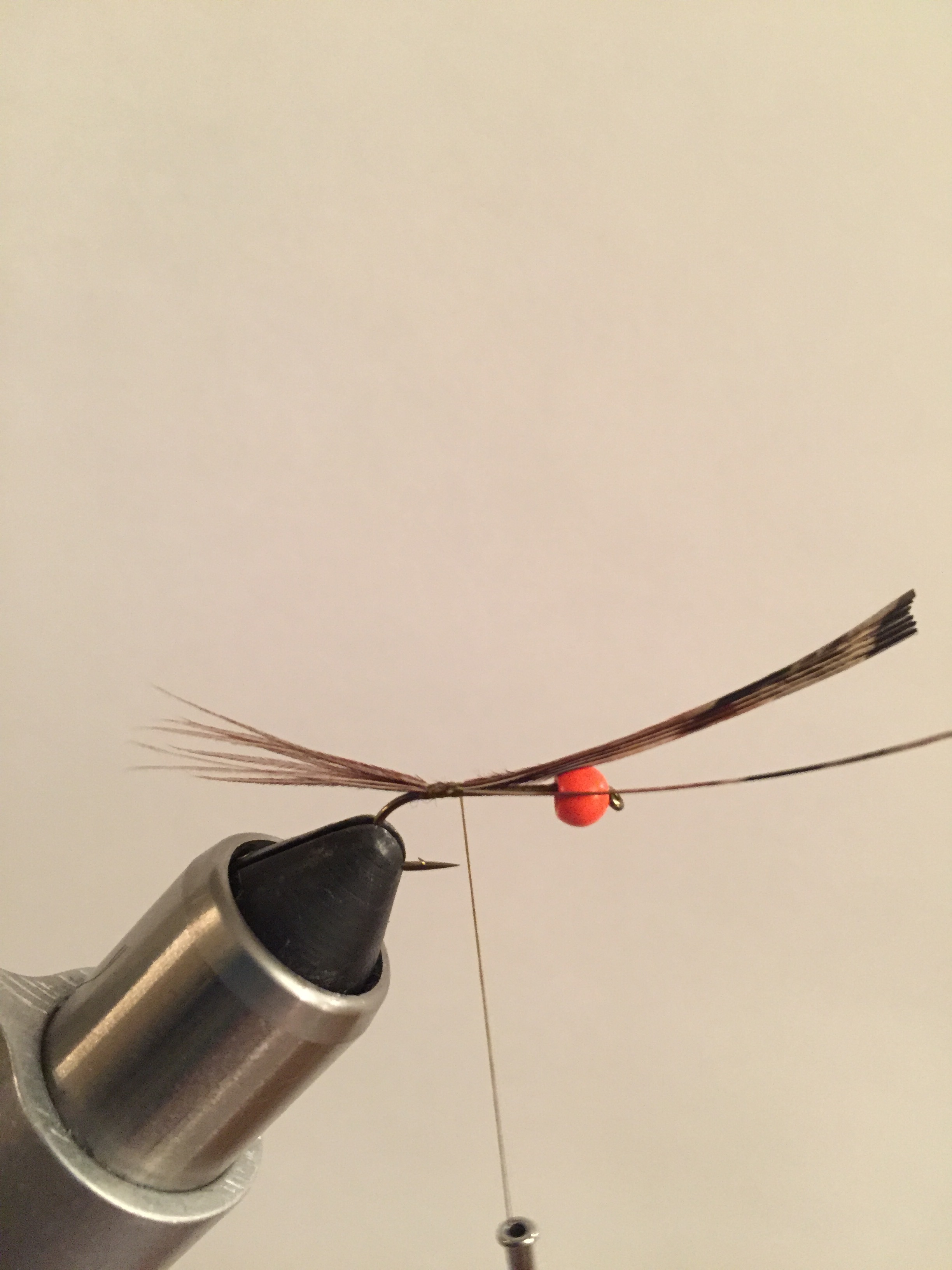 Step 2: Cut 7 or more fibers of pheasant tail that are slightly longer than the shank of the hook and tie them in at the bend of the hook. Tie up to the bead and then return the thread back down to the bend.