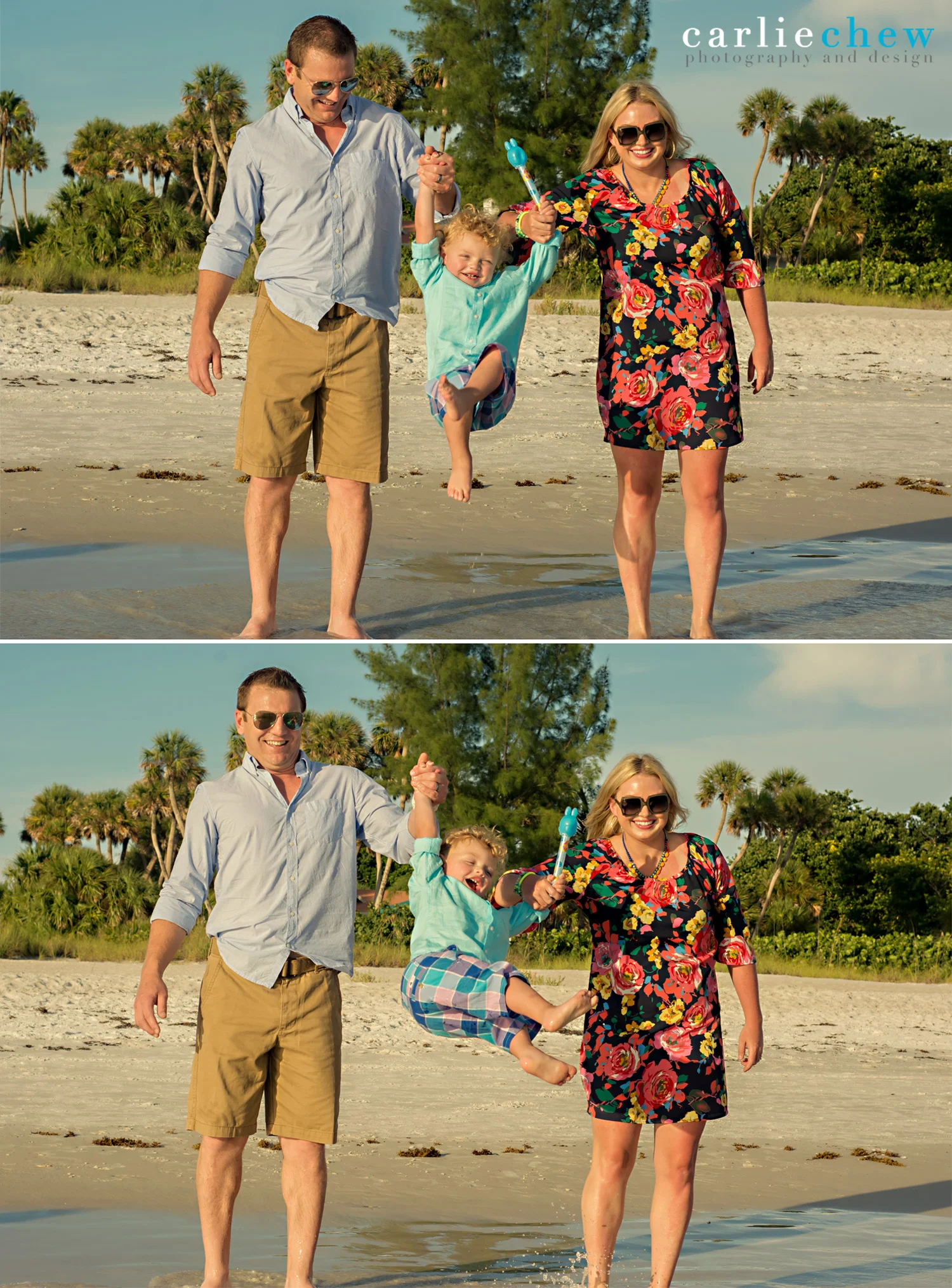 Couples swings toddler in fun family photos at Anna Maria Island with Carlie Chew Photography