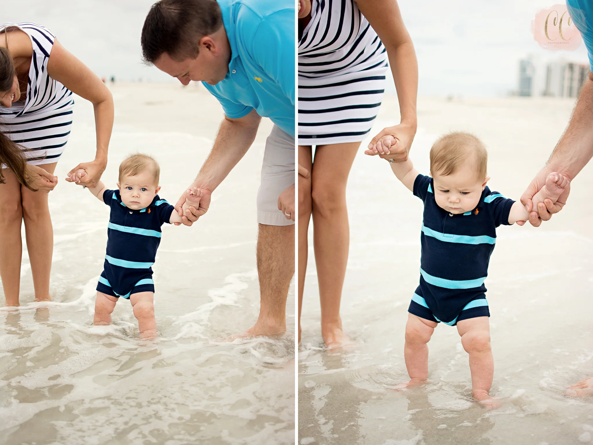 Babies first time in the ocean at Sand Key Beach in Clearwater, Florida taken by family photographer Carlie Chew Photography 