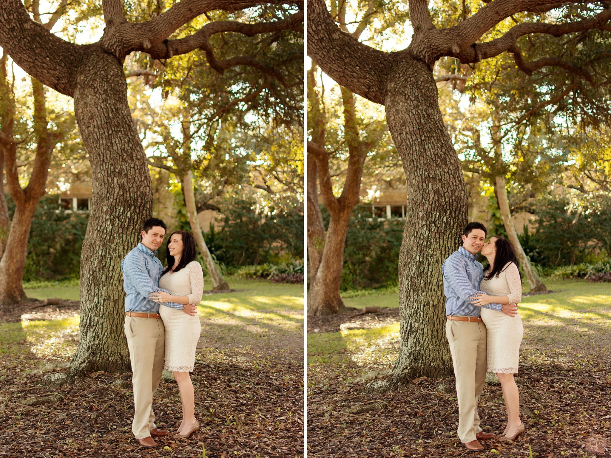 Couple poses under oak tree at the Tampa Garden Club in Florida for maternity photographer Carlie Chew Photography