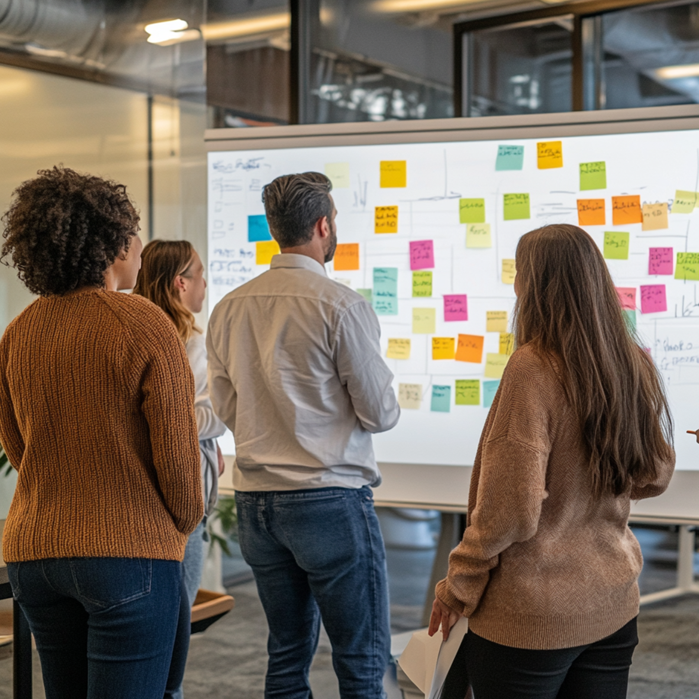 People standing in front of a whiteboard covered with colorful sticky notes during a meeting or brainstorming session.
