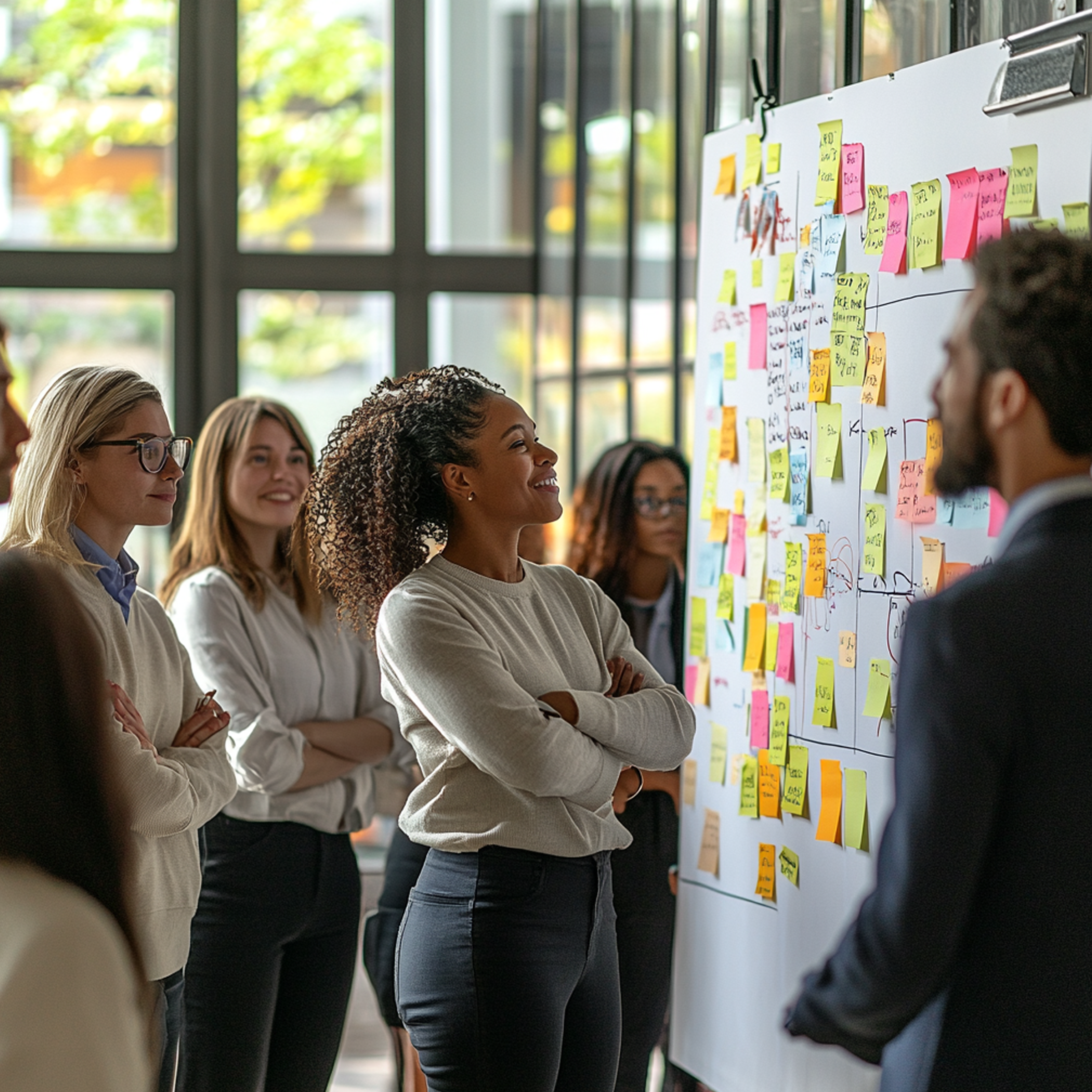 People standing beside whiteboard covered with colorful sticky notes in a well-lit room with large windows.