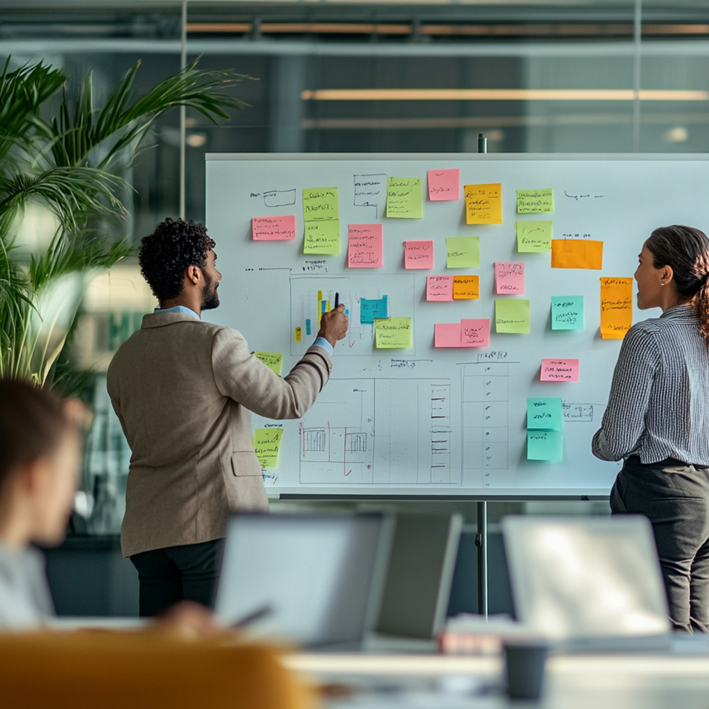 Two people standing in front of a whiteboard with colorful sticky notes in a modern office environment, engaging in a discussion.