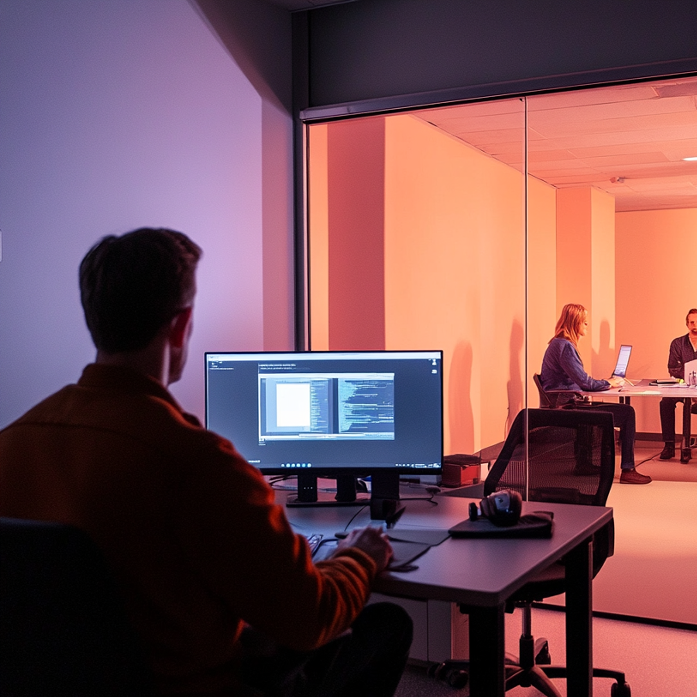 A computer lab with people working at desks, illuminated by purple and orange lighting, with a large monitor displaying code.