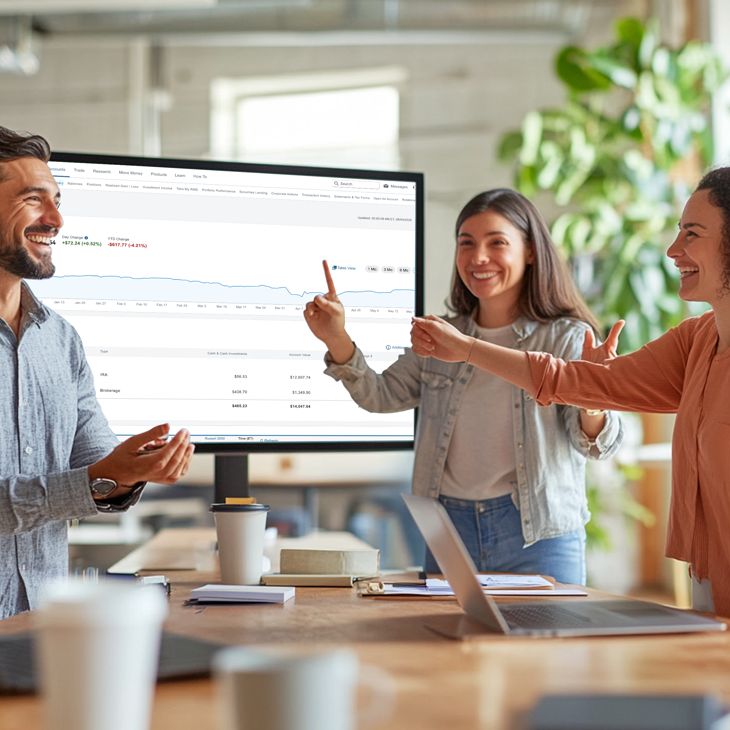 Three people smiling and talking in an office setting, with a large computer monitor displaying a financial or stock trading graph behind them.