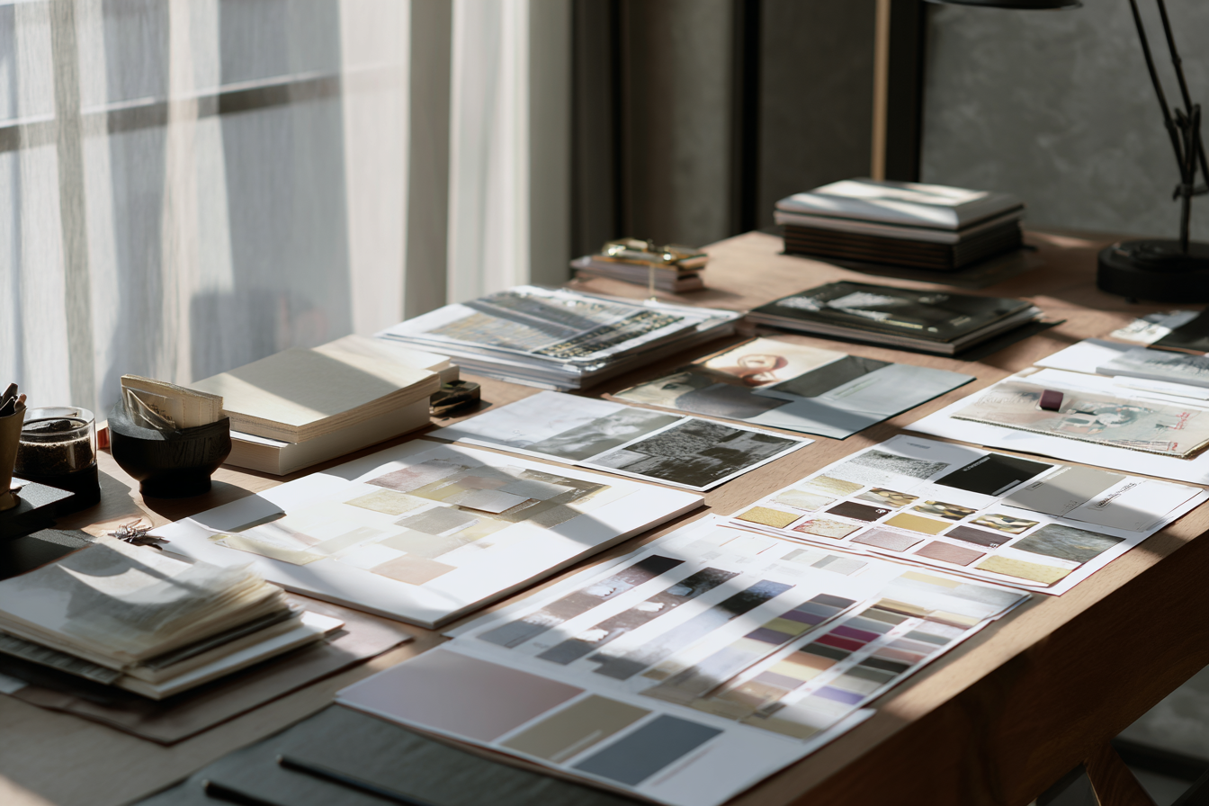 A wooden desk with design samples, color swatches, photographs, and catalogs illuminated by natural sunlight.