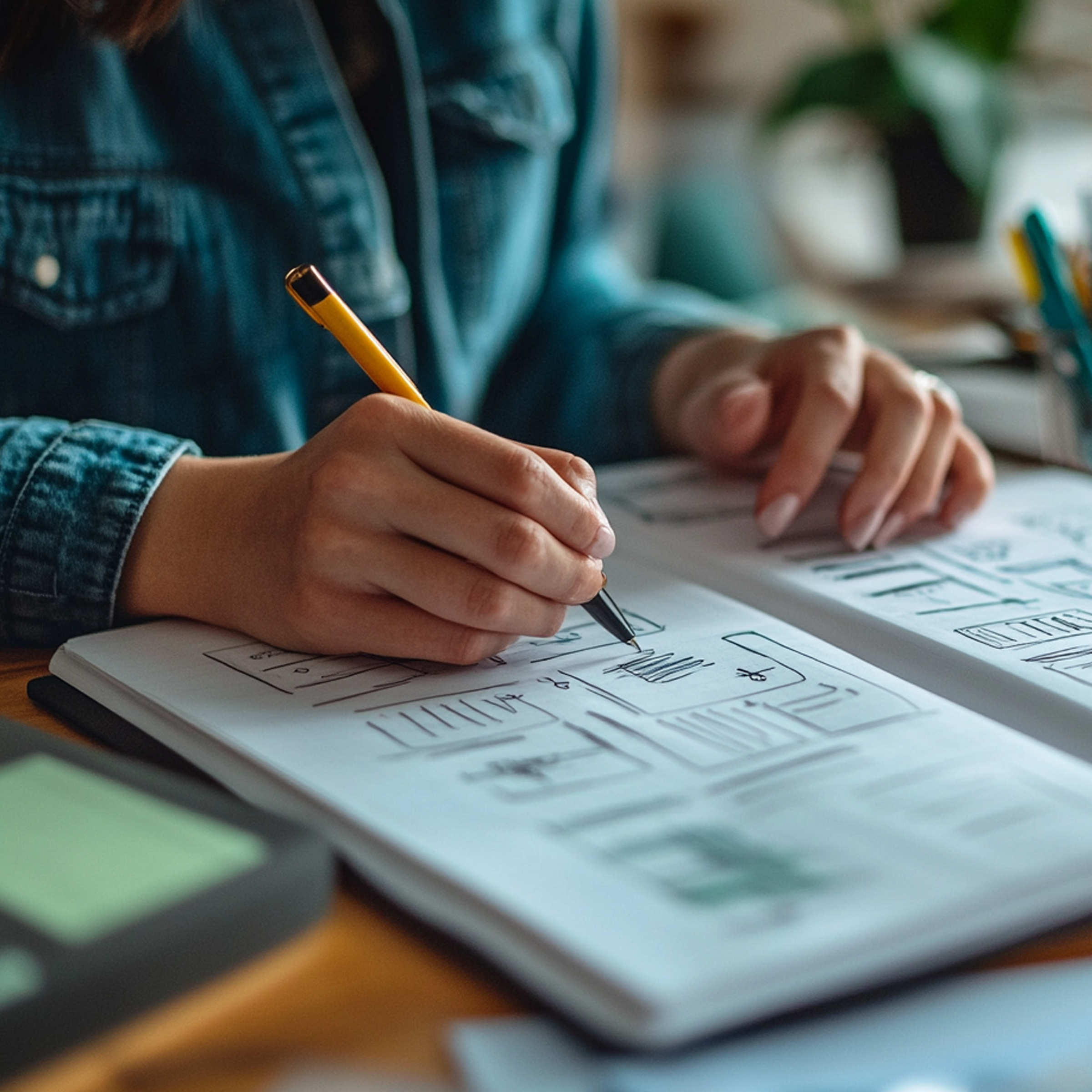 Close-up of a person writing with a black pen on a sheet of paper with printed and handwritten text, with other writing utensils and papers in the background.