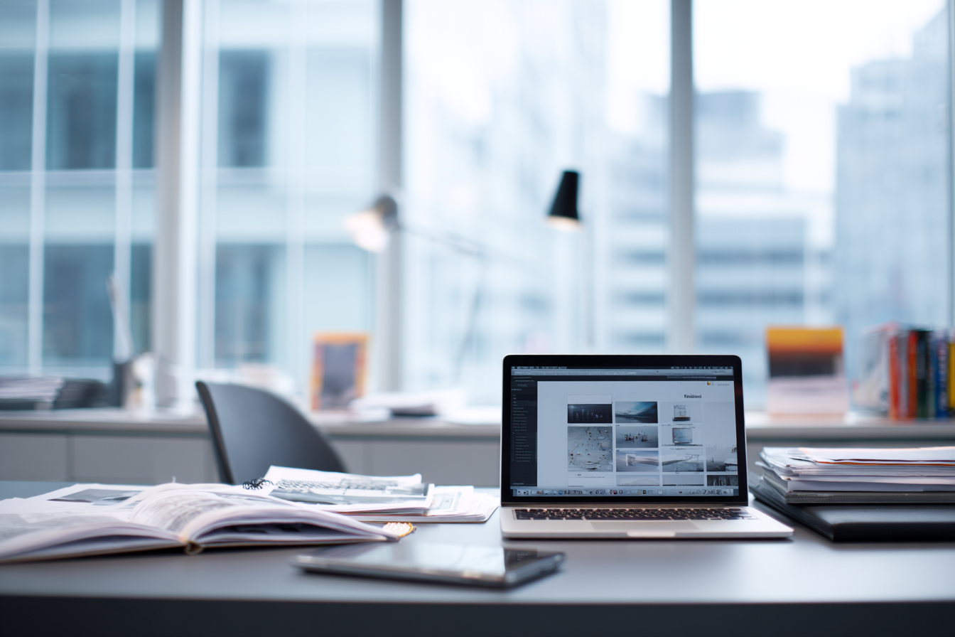 An office desk with open books, a laptop displaying a photo gallery, and a smartphone, with a large window in the background showing city buildings.