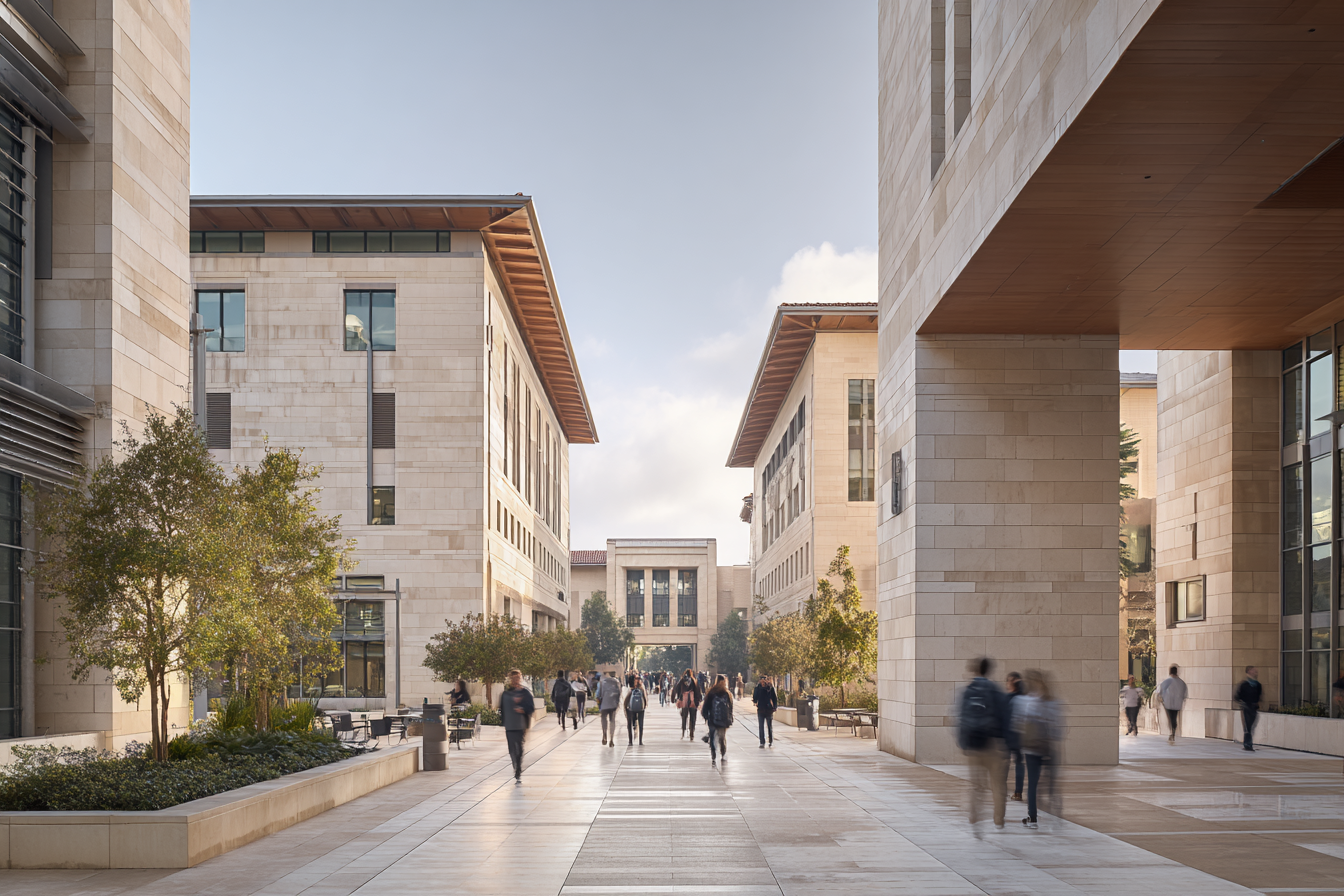 Pedestrians walking on a university campus walkway between modern stone buildings with trees and benches, under a partly cloudy sky during daytime.