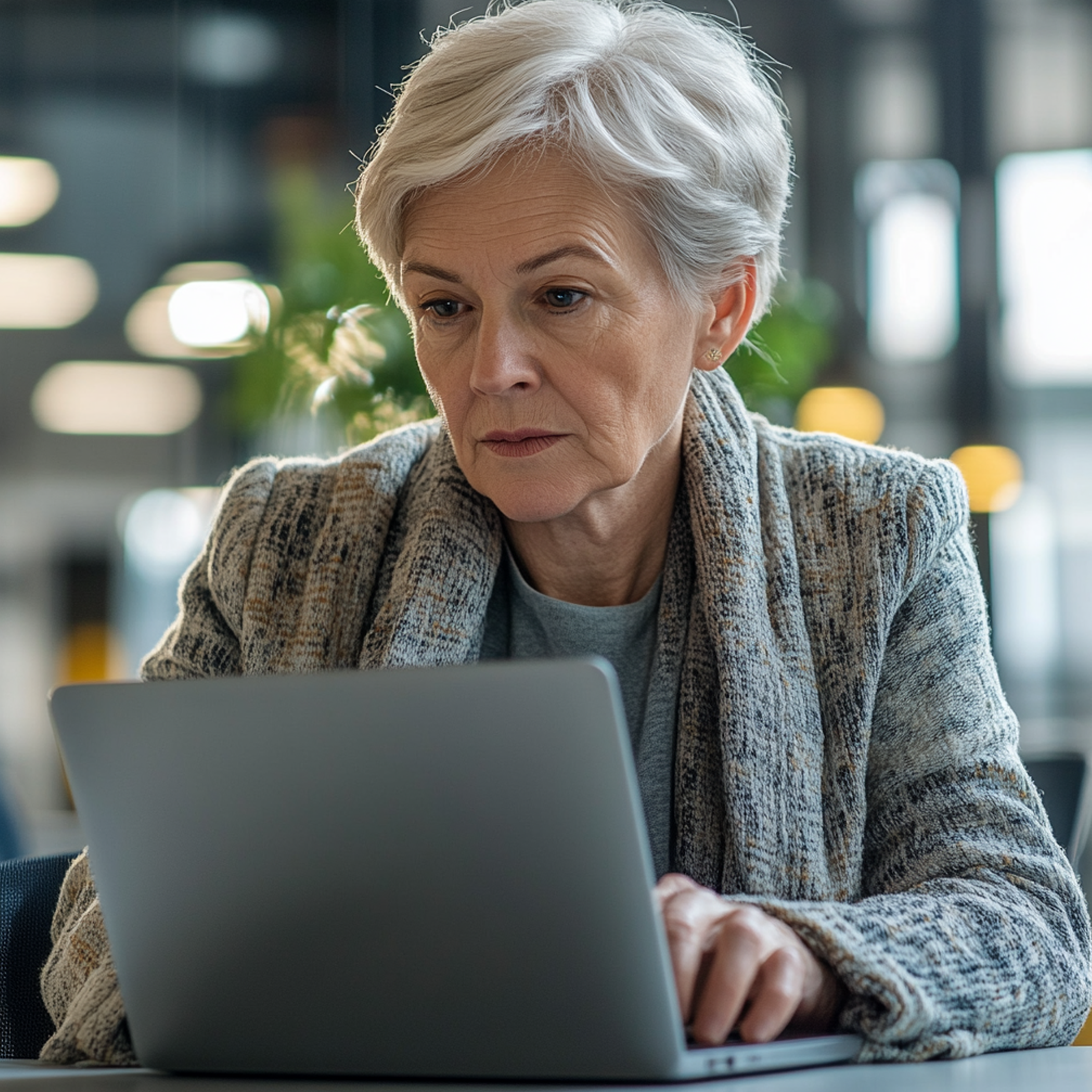 Older woman with gray hair looking at a laptop screen in a modern, well-lit indoor space.
