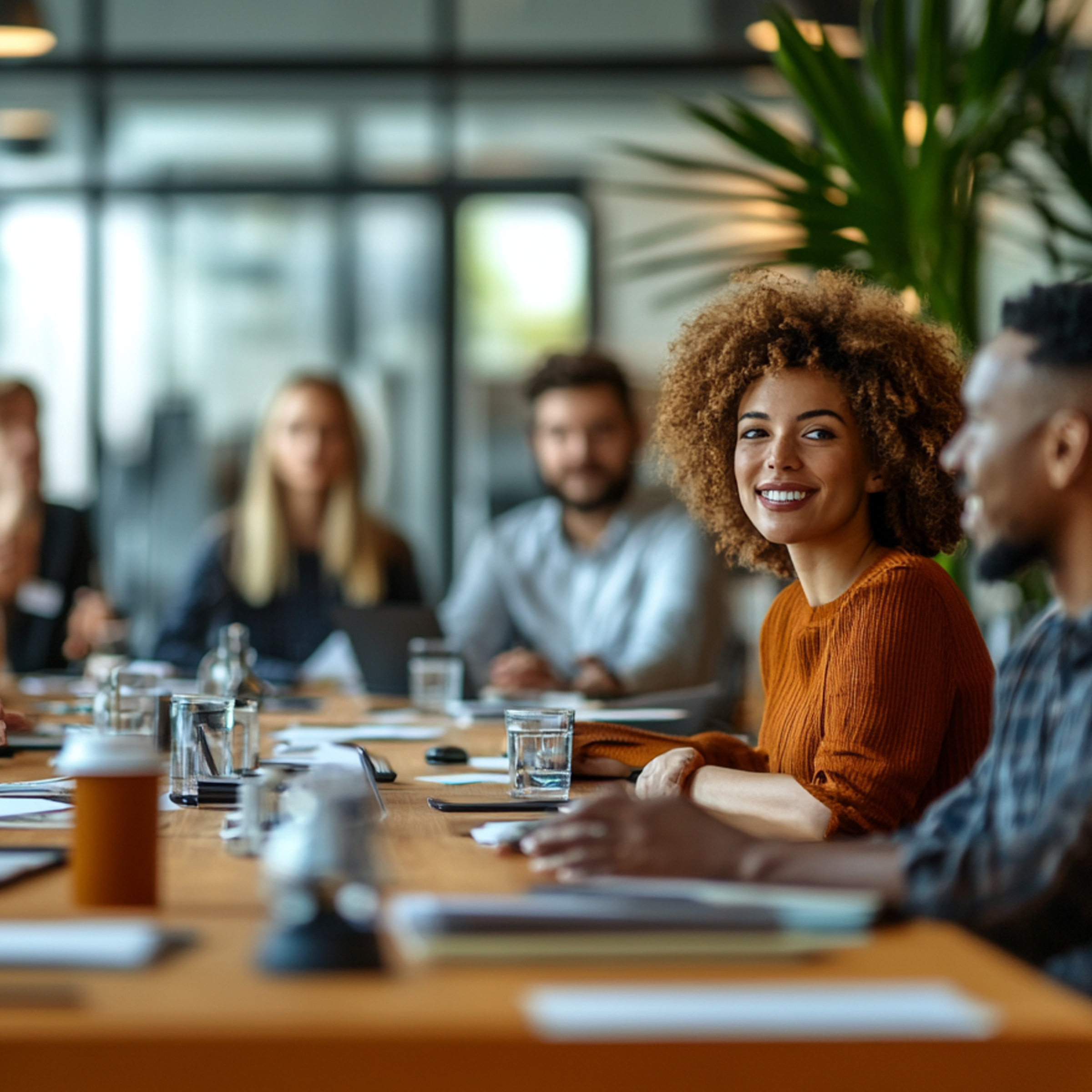 A group of diverse people sitting at a long table in a bright conference room, with glasses and water bottles in front of them, engaged in a meeting.