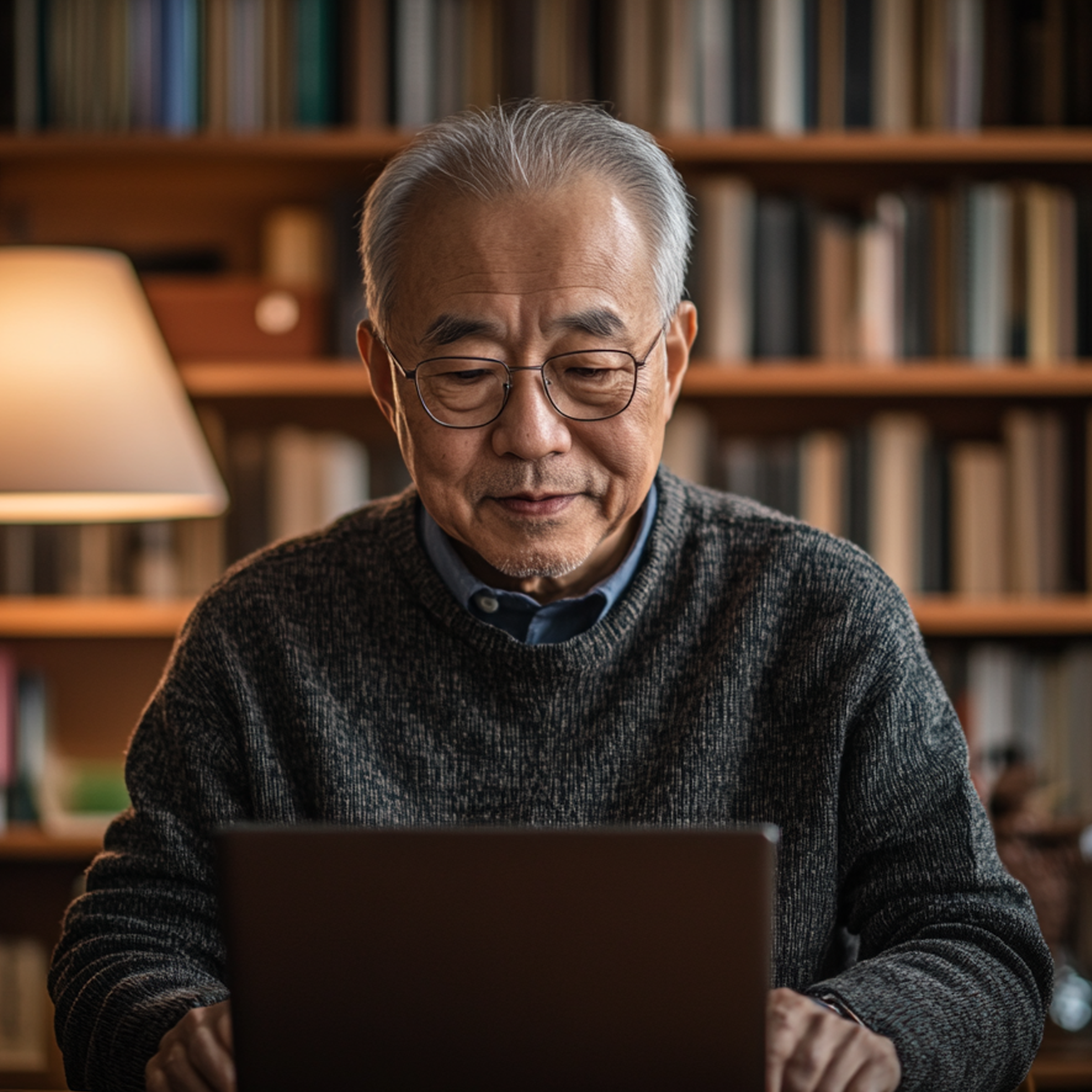 Older man with gray hair and glasses working on a laptop in a library with bookshelves in the background.