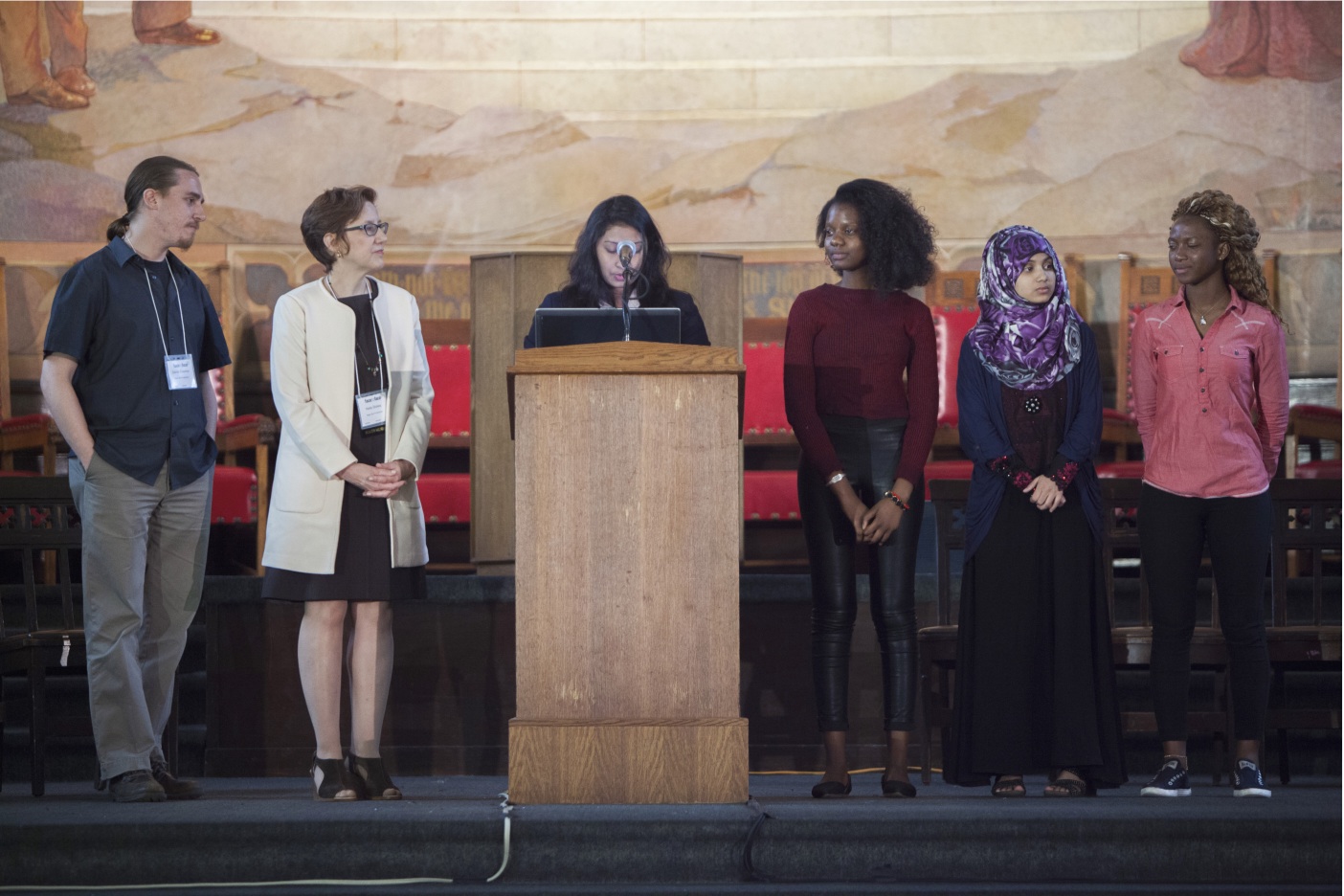 MBP Teaching Artist Danilo Randjic, Executive Director Nelle Stokes, Manhattan International High School students Mary Mansaray, Farjanna Tahmin , Bibi and Hawa Tall.