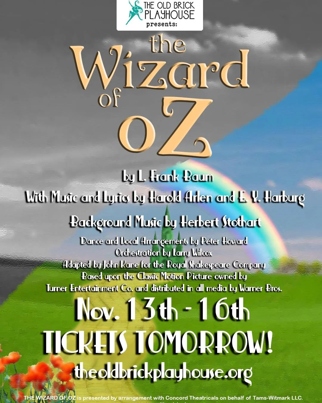 TICKETS FOR OZ GO ON SALE TOMORROW!!

The cinematic classic hits the Old Brick stage! You can get your tickets SEPTEMBER 11TH AT NOON at theoldbrick.org!

#oldbrickplayhouse #theatre #westvirginia #obp #art #randolphcounty #theater #arts #elkinswv #o