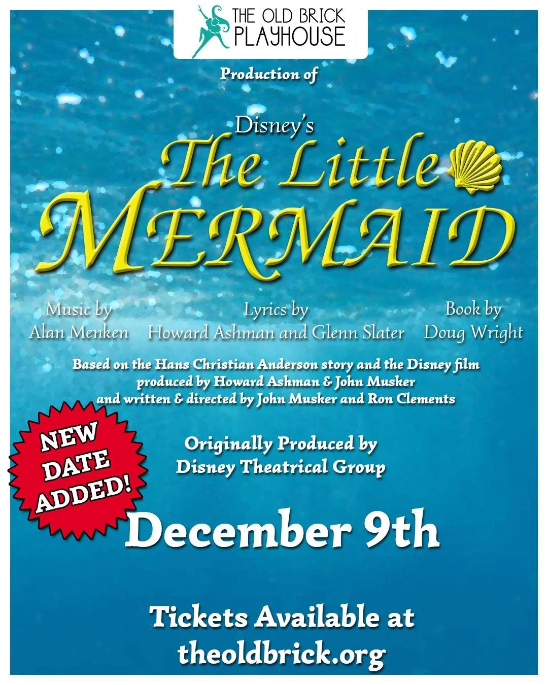 That&rsquo;s right, we&rsquo;ve added ONE NEW DATE!!

If you haven&rsquo;t gotten tickets yet, this is your very last chance to see Disney&rsquo;s The Little Mermaid on the Old Brick stage! Head to theoldbrick.org to get yours right now!!

#oldbrickp
