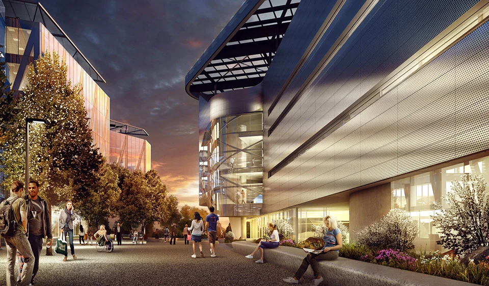 Campus Rendering at Night courtesy of Morphosis Architects