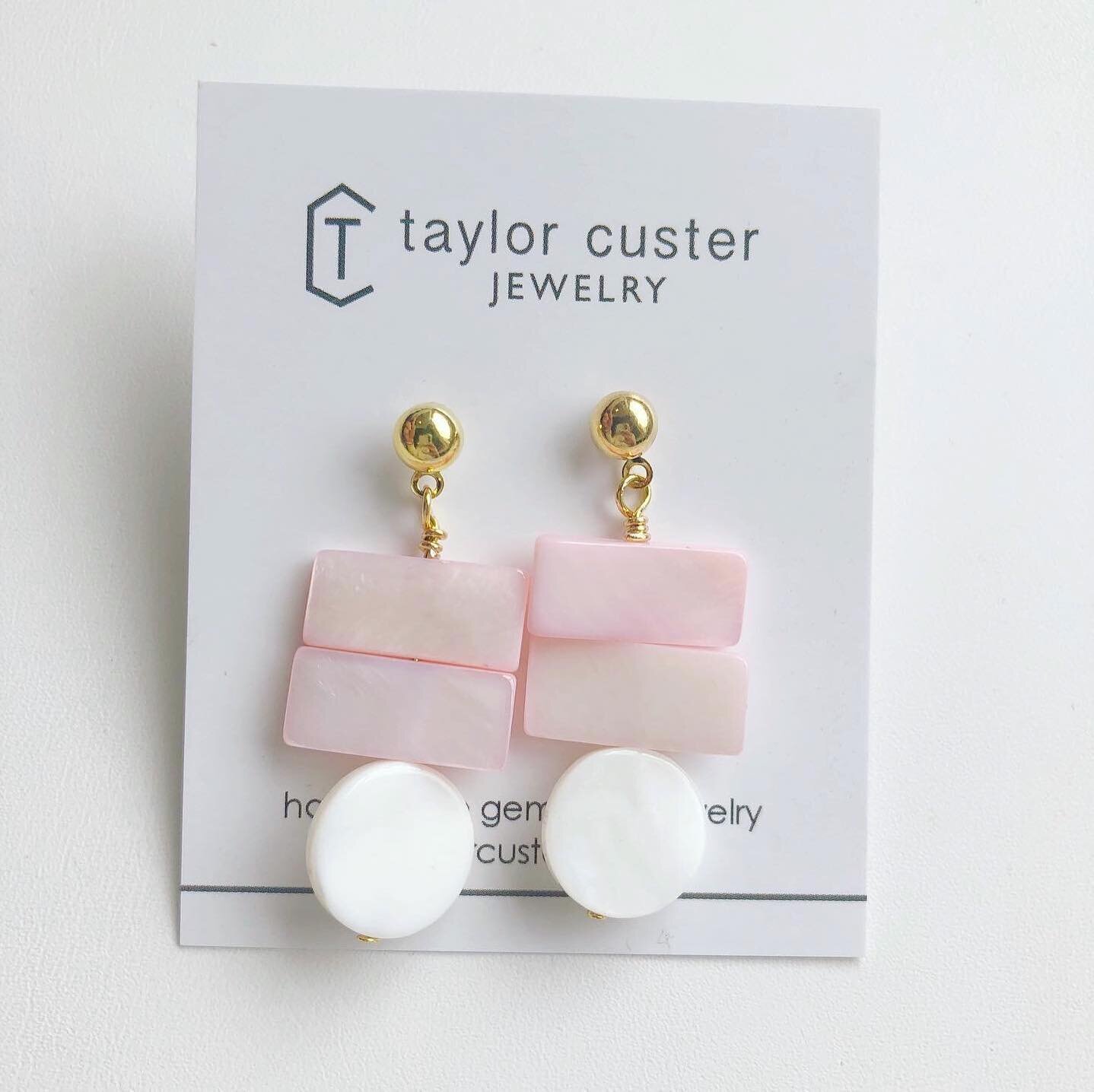 Pink and white mother of pearl earrings. These are on gold plated posts. $25. Comment sold to purchase.