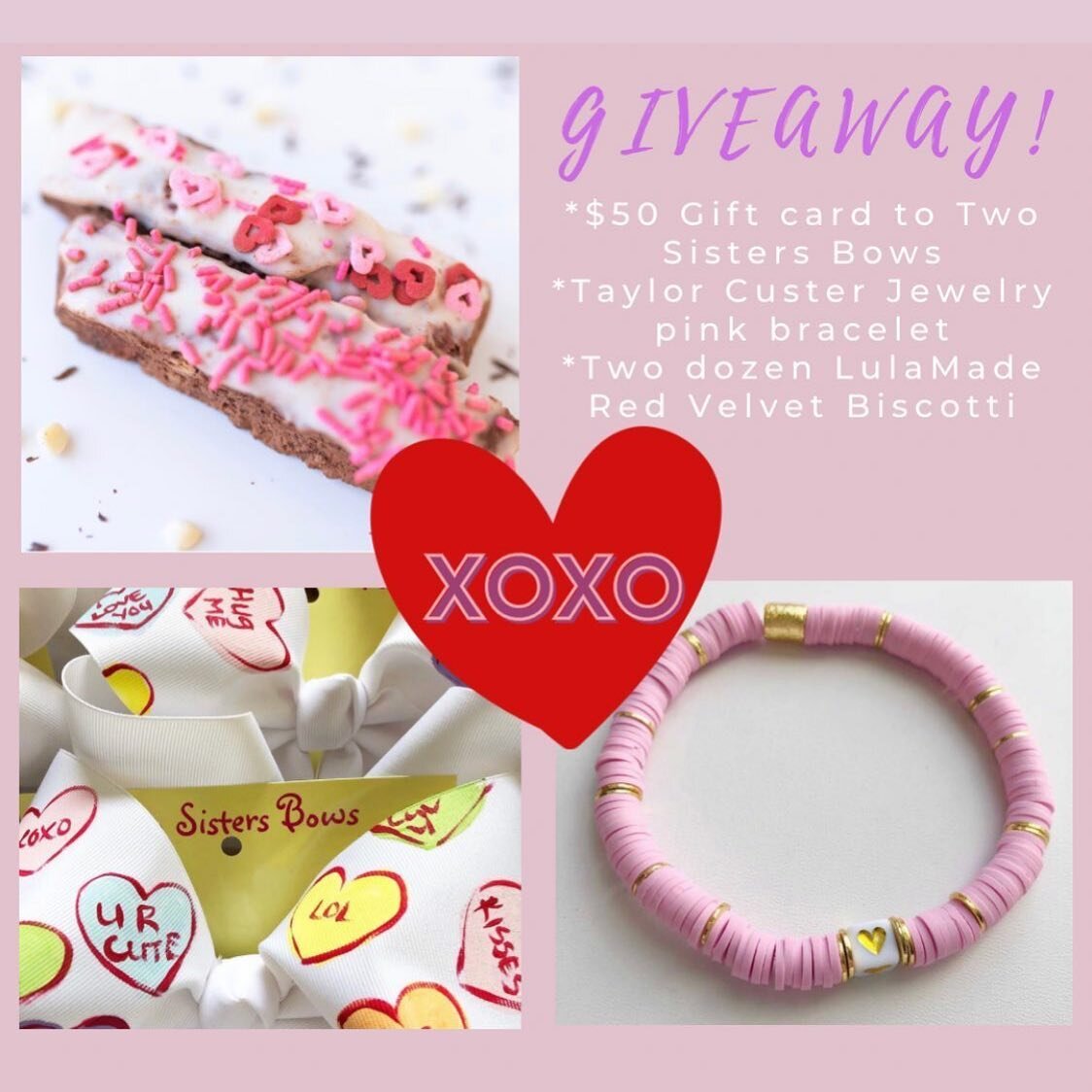 🚨💗GIVEAWAY 💗🚨 Biscotti 🥖 Bracelets 📿 and Bows 🎀 oh my! 
&bull;
&bull;
It&rsquo;s almost Valentine&rsquo;s Day! What better way to treat your sweetie, than to WIN this line up! 
&bull;
&bull;
$50 to @twosistersbows 2 dozen red velvet biscotti @