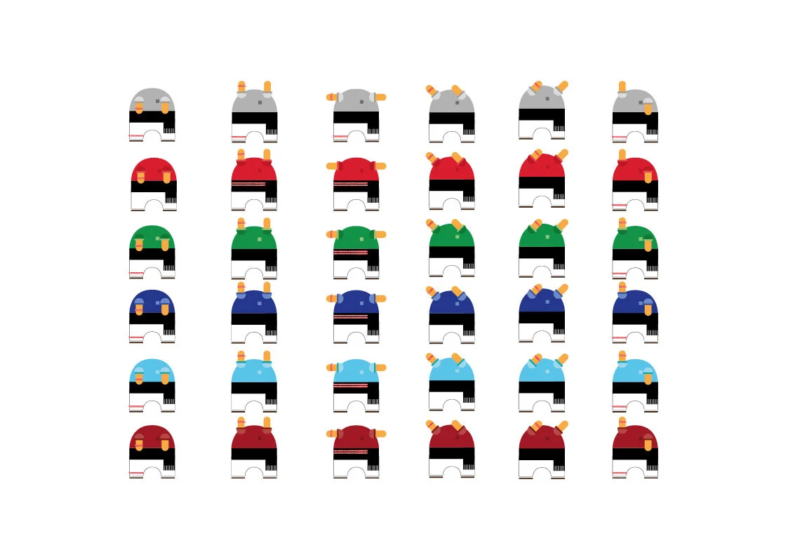  Las seis collas castelleras de Barcelona, diferenciadas por el color de la camisa, de arriba a abajo en este orden, Sants, Barcelona, Sagrada Familia, Gracia, Poble Sec y la joven de Barcelona.  Las ilustraciones muestran las diferentes posiciones q