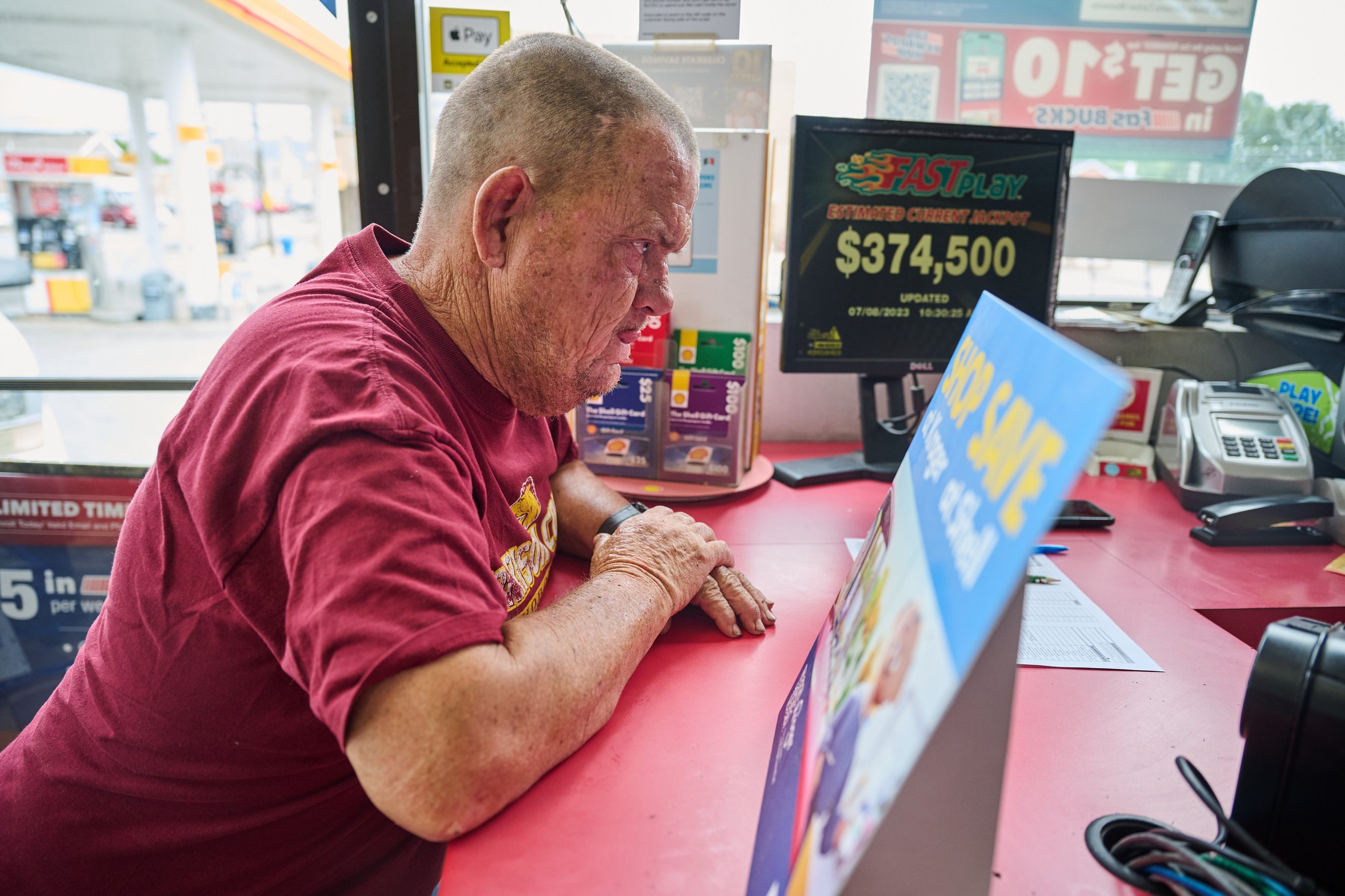  7/8/23—Cynthiana, Kentucky — “They just throw the money away,” Fryman said, staring angrily past the counter after watching a gas station customer check out with $75 in lottery tickets. Fryman buys $1 tickets occasionally, but cashier Lisa Philpot o