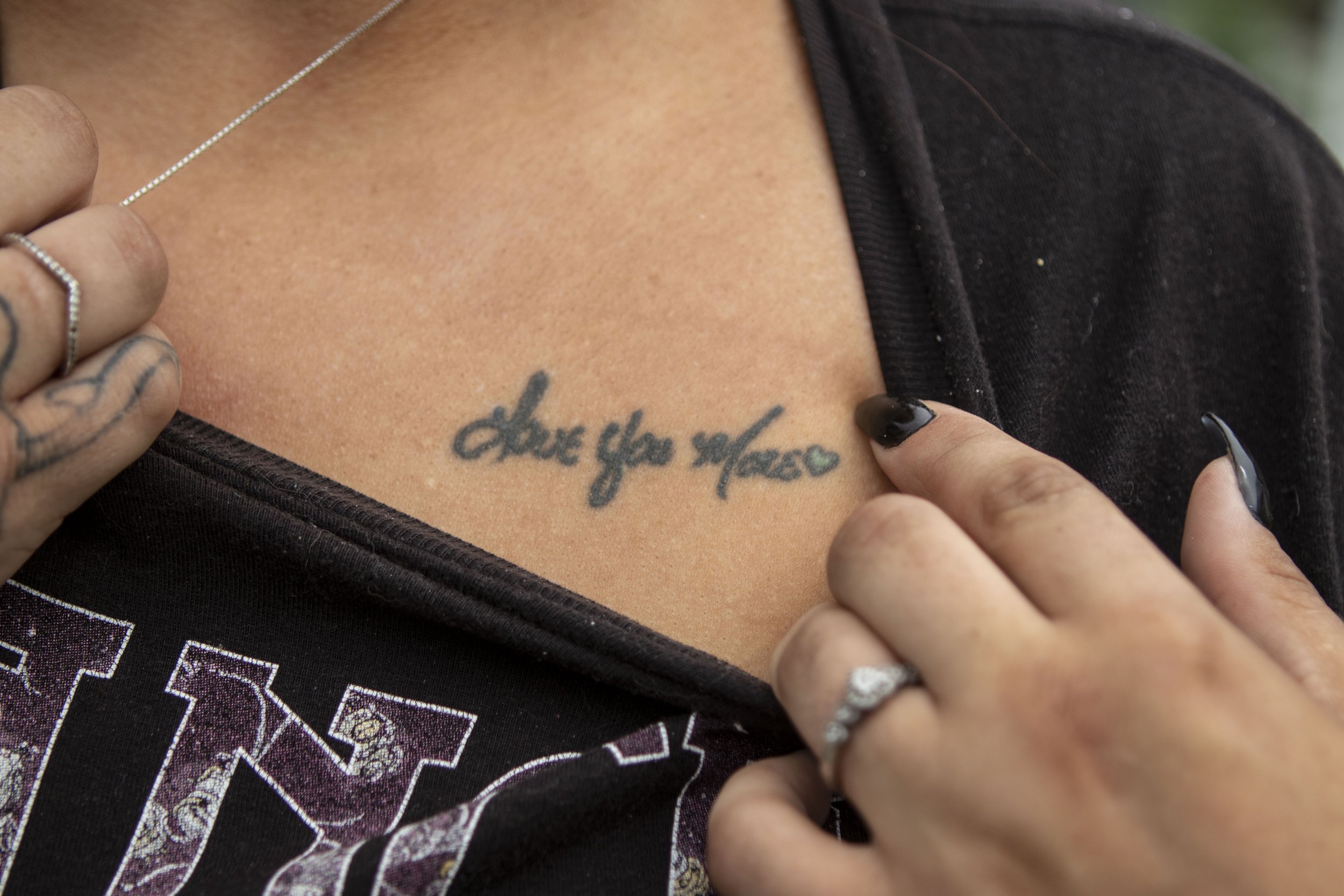  Breanna Moss, 27, displays one of her tattoos inked in her mother’s handwriting. Her mother always wanted a tattoo, but was unable to get one due to risk of infection in her later years. Breanna has several other tattoos including an anchor design f