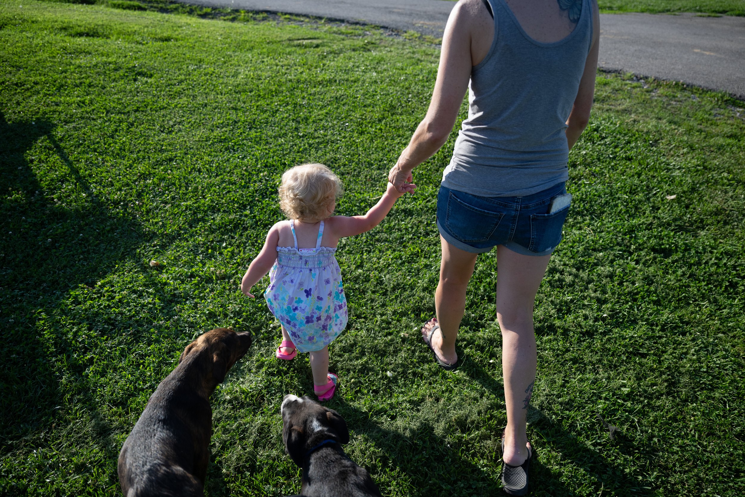  7/7/23 -- Cynthiana, Kentucky —   Emberly Sumpter, left, 1, holds her grandmother Nicole McNees' hand as they walk together at McNees' home in Cynthiana, KY on July 7, 2023. 