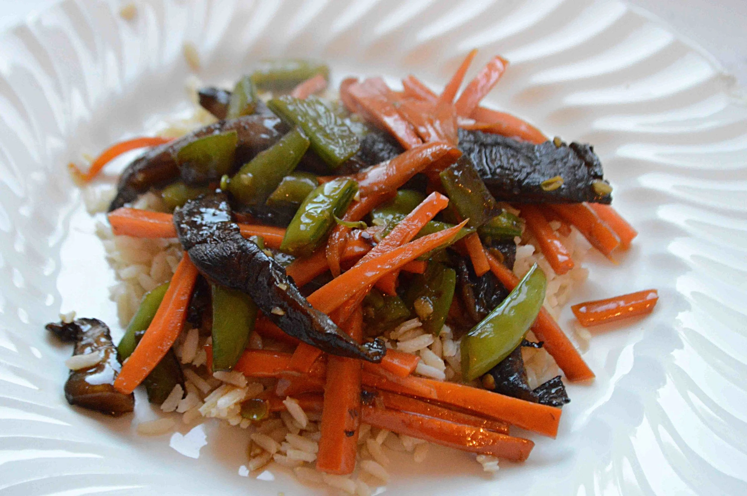Portobello, Carrot and Sugar Snap Peas StirFry with MapleSoy Glaze