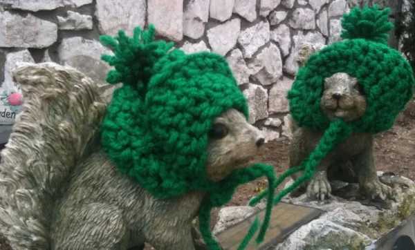 Thanks to the Sisters of the Holy Family of Nazareth, Mom had crocheted hats for her mailbox Squirrels for every occasion.