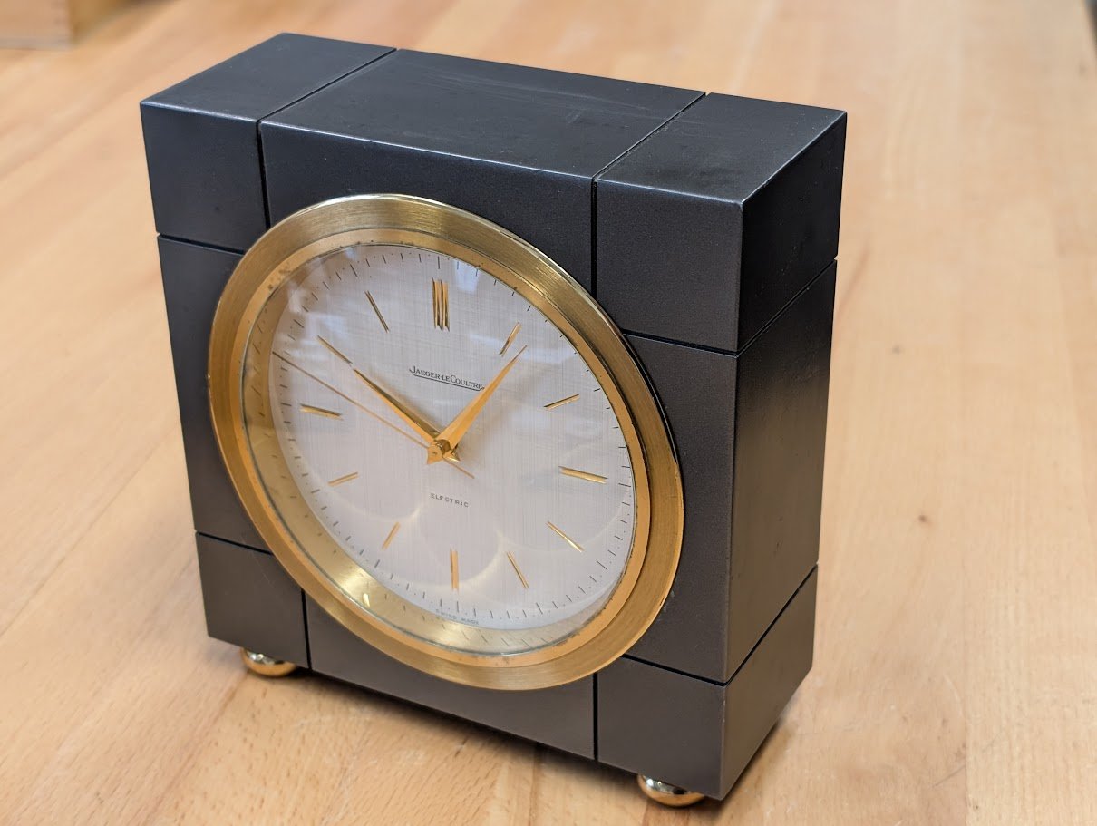 Jaeger LeCoultre Gun Metal Mantle Clock with Linen Dial and Portescap electric clock movement