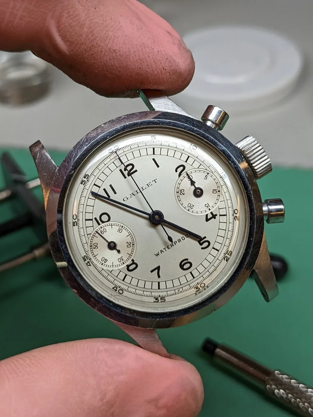 A Gallet clamshell chronograph after servicing at Harris Horology