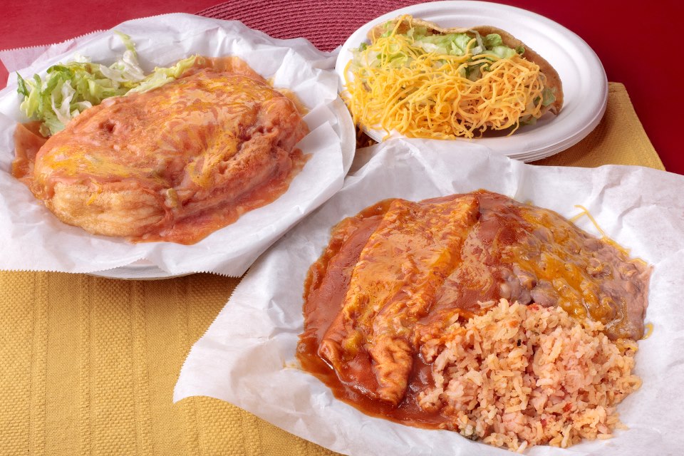 Dinner Plate: Chile Rellano, Taco, Enchilada, Beans and Rice